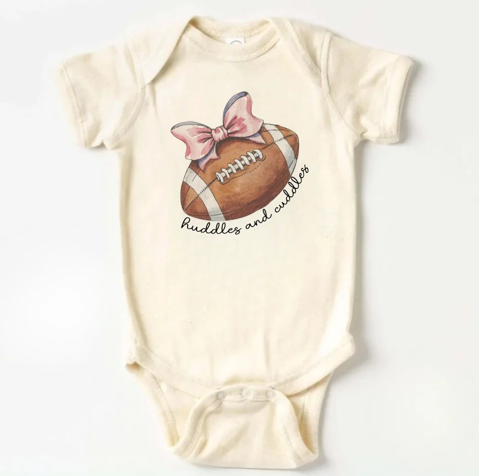 Baby Girl Football Onesie Huddles &amp; Cuddles Football Baby Long Sleeve Natural Onesie - Cute Fall Natural Bodysuit OS551