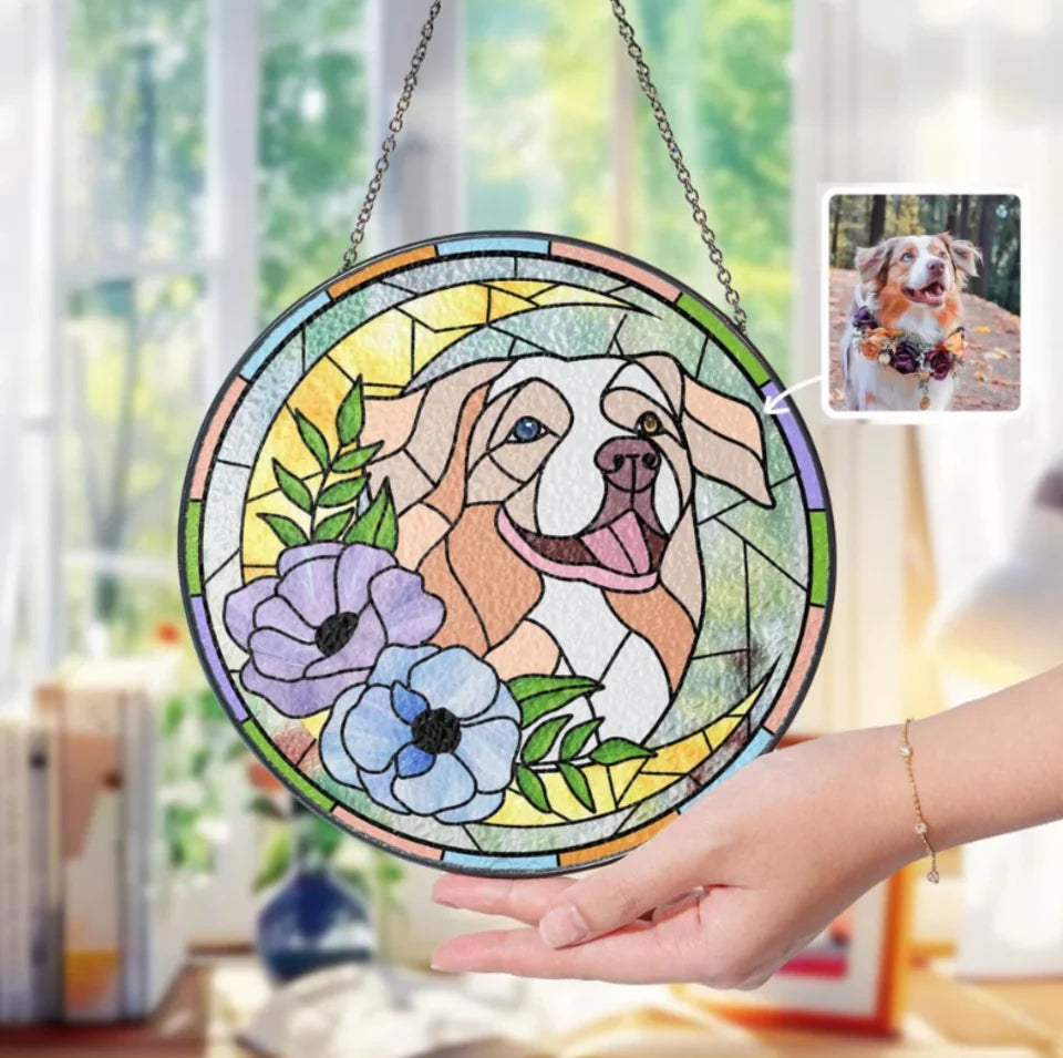 Personalized Pet Portrait Glass Suncatcher, Dog Cat Glass Art, Pet Window Hangings, Pet Portrait From Photo, Pet Memorial Gift, Pet Lover Gift WSG768