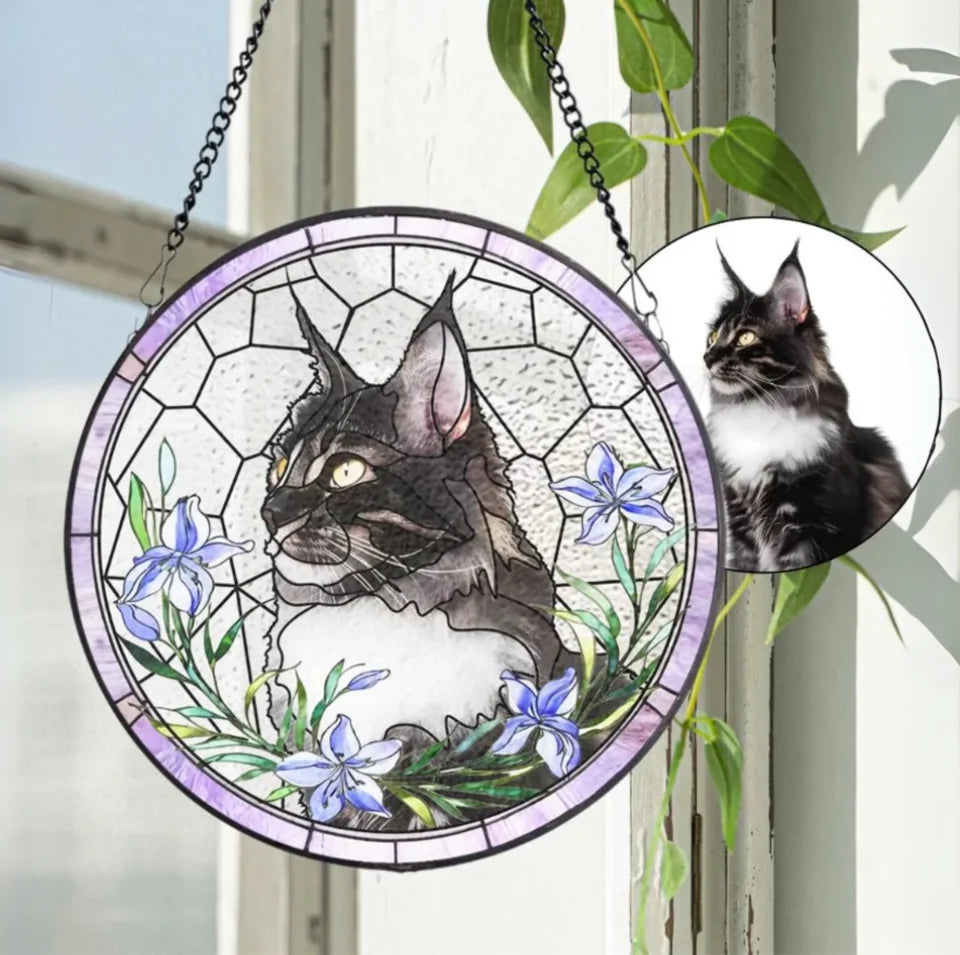 Personalized Pet Portrait Stained Glass Suncatcher, Stained Glass cat Memorial, Custom cat Portrait from Photo, pet loss gifts , Stained glass cat WSG973
