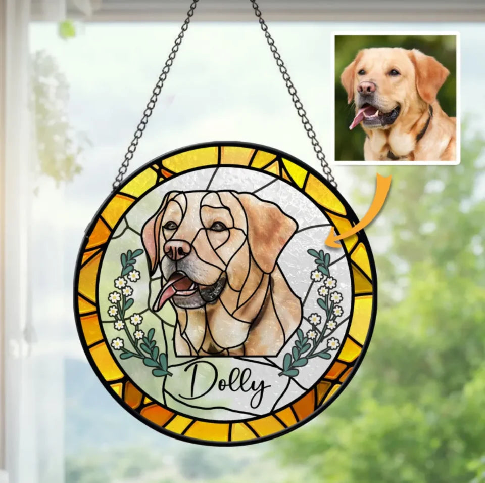 Personalized Pet Portrait Stained Glass Suncatcher, Stained Glass Dog Memorial, Custom Dog Portrait from Photo, Sympathy Gifts, Stained glass dog WSG071