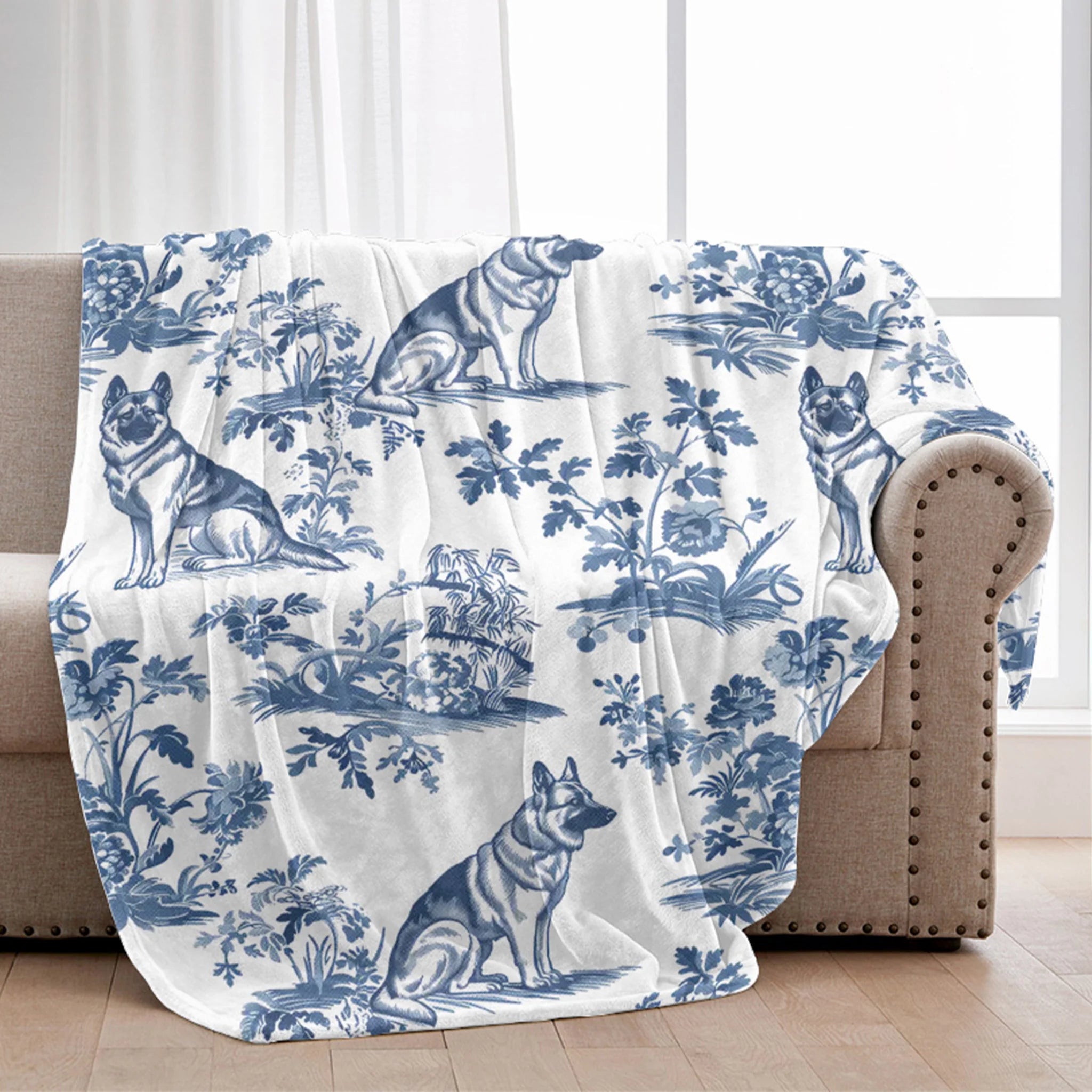 German Shepherd French Toile de Jouy Blanket - Elegant Blue Toile Blanket for German Shepherd Mom, Dog Lover Gifts