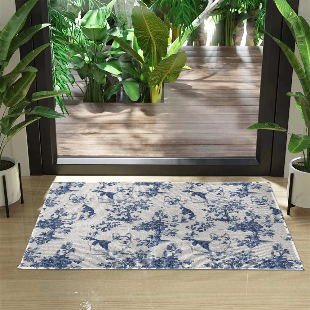 Corgi French Toile de Jouy door mat - Elegant Blue Toile door mat for Corgi Mom, Corgi Welsh Pembroke Gifts, Dog Lover