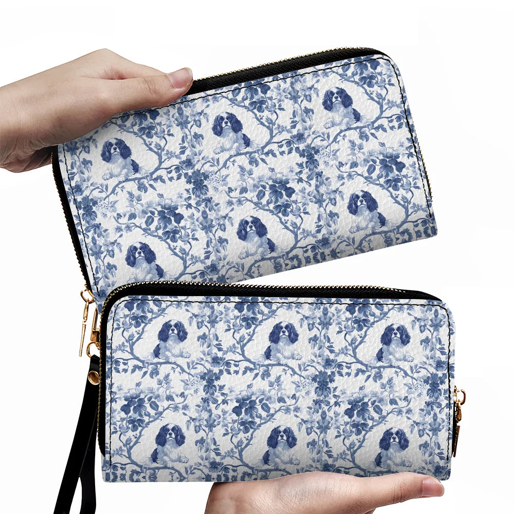 Cavalier King Charles Spaniel French Blue Toile de Jouy Leather Wallets, Blue toile de jouy Leather Wallets, Cavalier Leather Wallets, Cavalier Spaniel Gift, Cavalier Spaniel