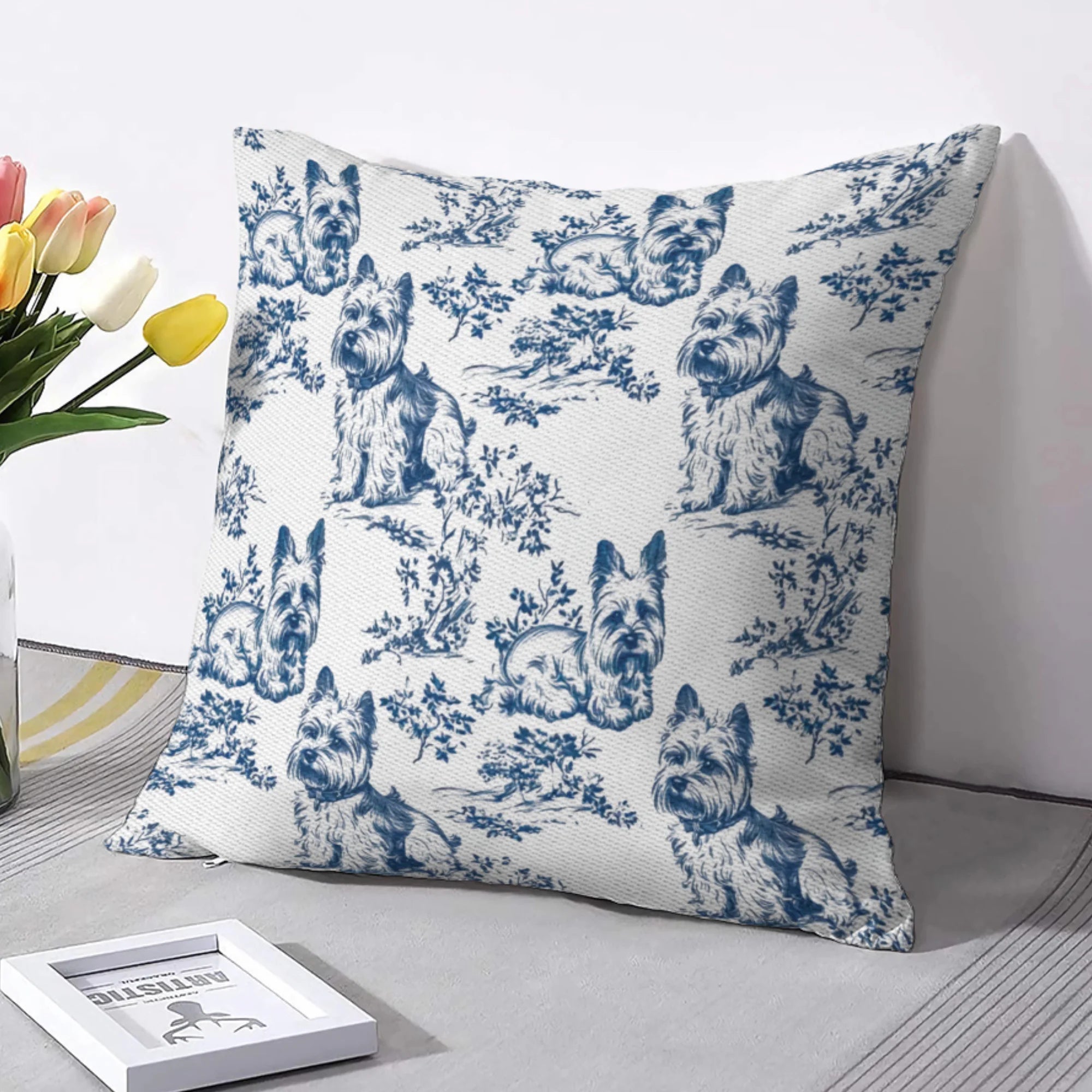 Yorkshire Terrier French Toile de Jouy pillow cover - Elegant Yorkie Lovers Blue Toile Blanket for Dog Mom, Chinoiserie Pattern pillow cover Gifts