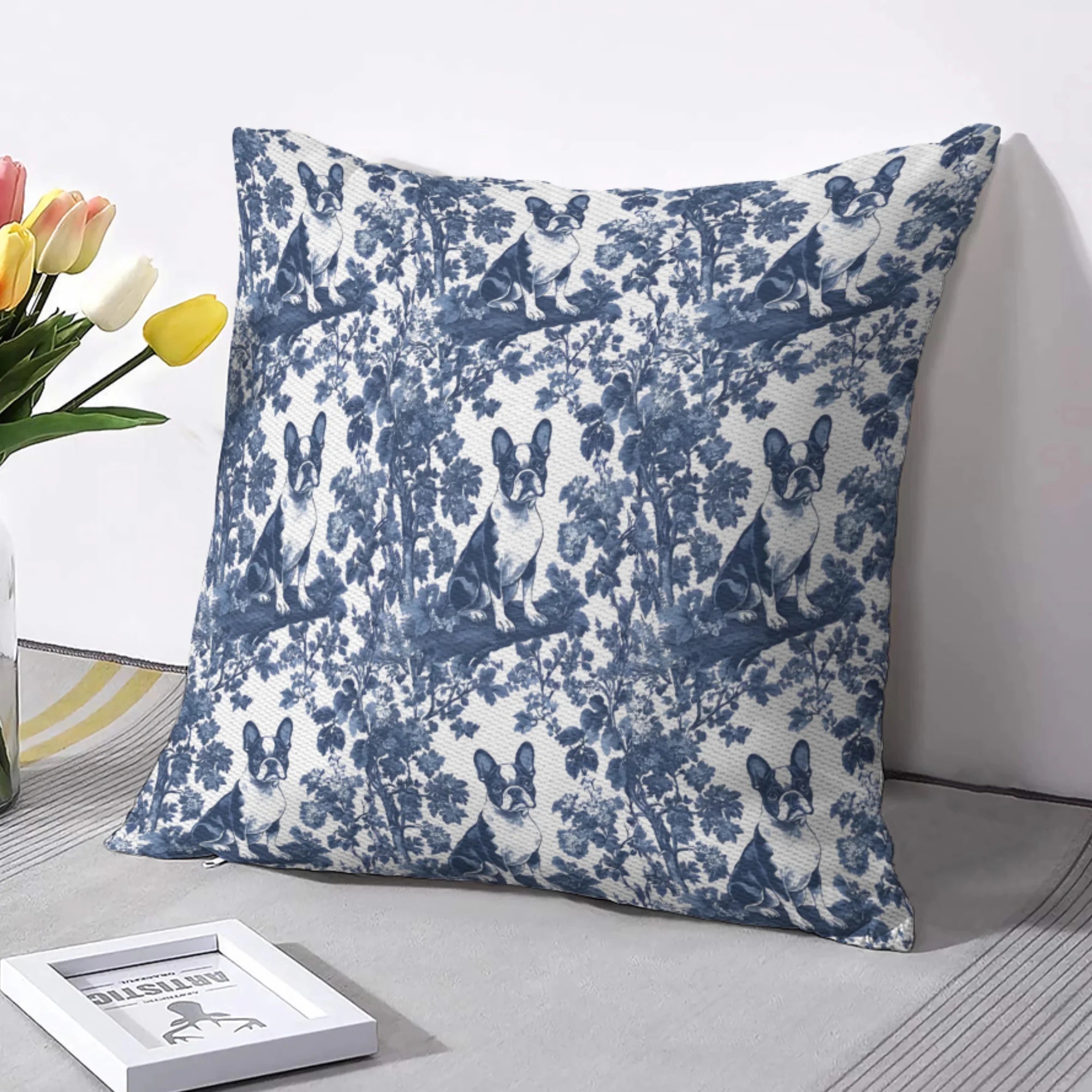 Boston terrier Blue French Toile De Jouy Pillow Cover, Boston terrier gift, Boston terrier Pillow Cover, Dog mom Pillow Cover, Boston Terrier Lover Gift