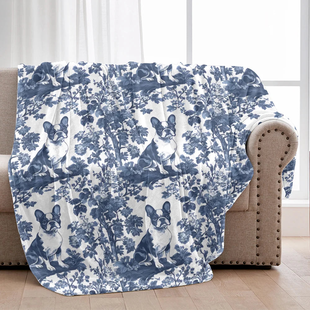 Boston terrier Blue French Toile De Jouy Blanket, Boston terrier gift, Boston terrier Blanket, Dog mom Blanket, Boston Terrier Lover Gift