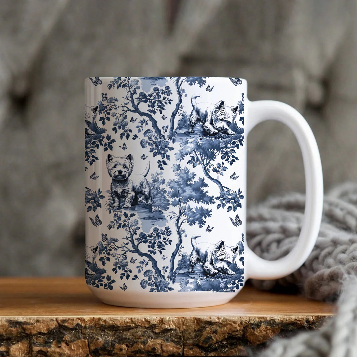 Westie Mug Vintage Toile Scottish Dog Mom Gift, West Highland Terrier Coffee Cup, Rustic Ceramic Tea Cup Gift for Her, Housewarming, Wedding