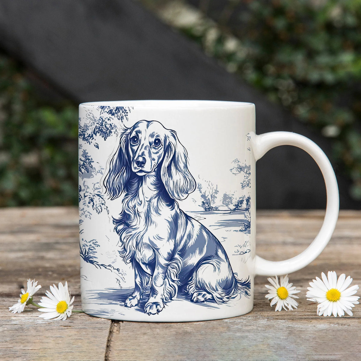 Elegant French Blue Toile Dachshund Ceramic Mug: Charming Pet Lover Gift for Coffee &amp; Tea Enthusiasts