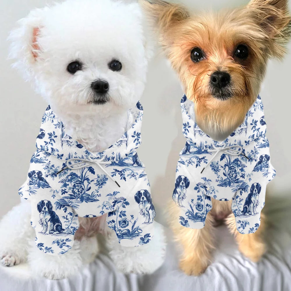 Cavalier King Charles Spaniel French pet hoodie, Blue Floral Toile de Jouy Cavalier Dog Mom pet hoodie, Cavalier Lover Gifts for Dog Mom