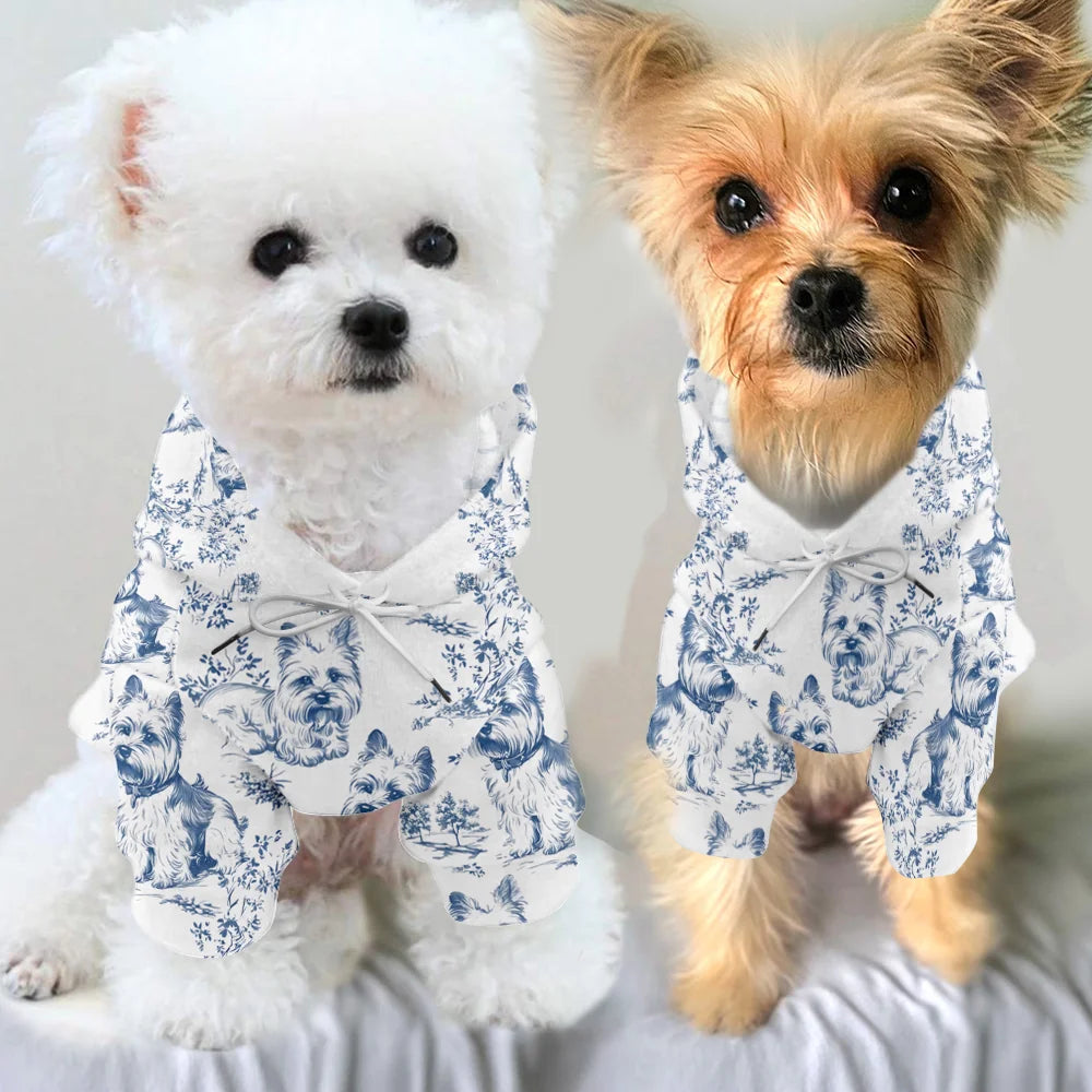 Yorkshire Terrier French Toile de Jouy pet hoodie - Elegant Yorkie Lovers Blue Toile pet hoodie for Dog Mom, Chinoiserie Pattern pet hoodie Gifts