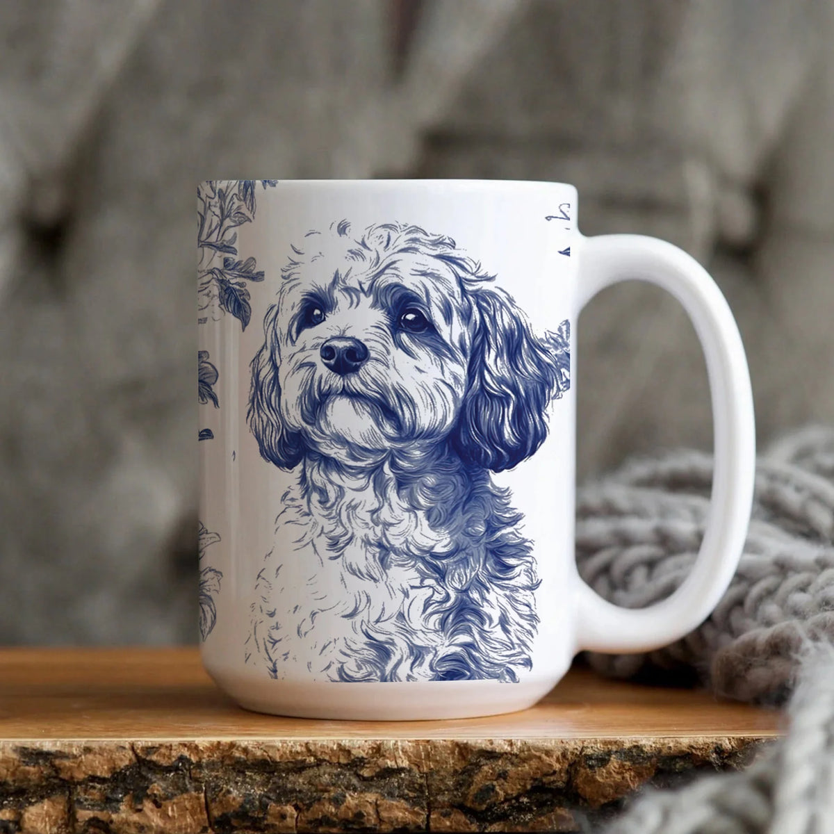 French Blue Toile Adorable Cavapoo Dog Sketch Lg Ceramic Coffee Mug, Cute Pet Lover Gift, Tea Cup, Kitchen Decor, Office Desk Accessories