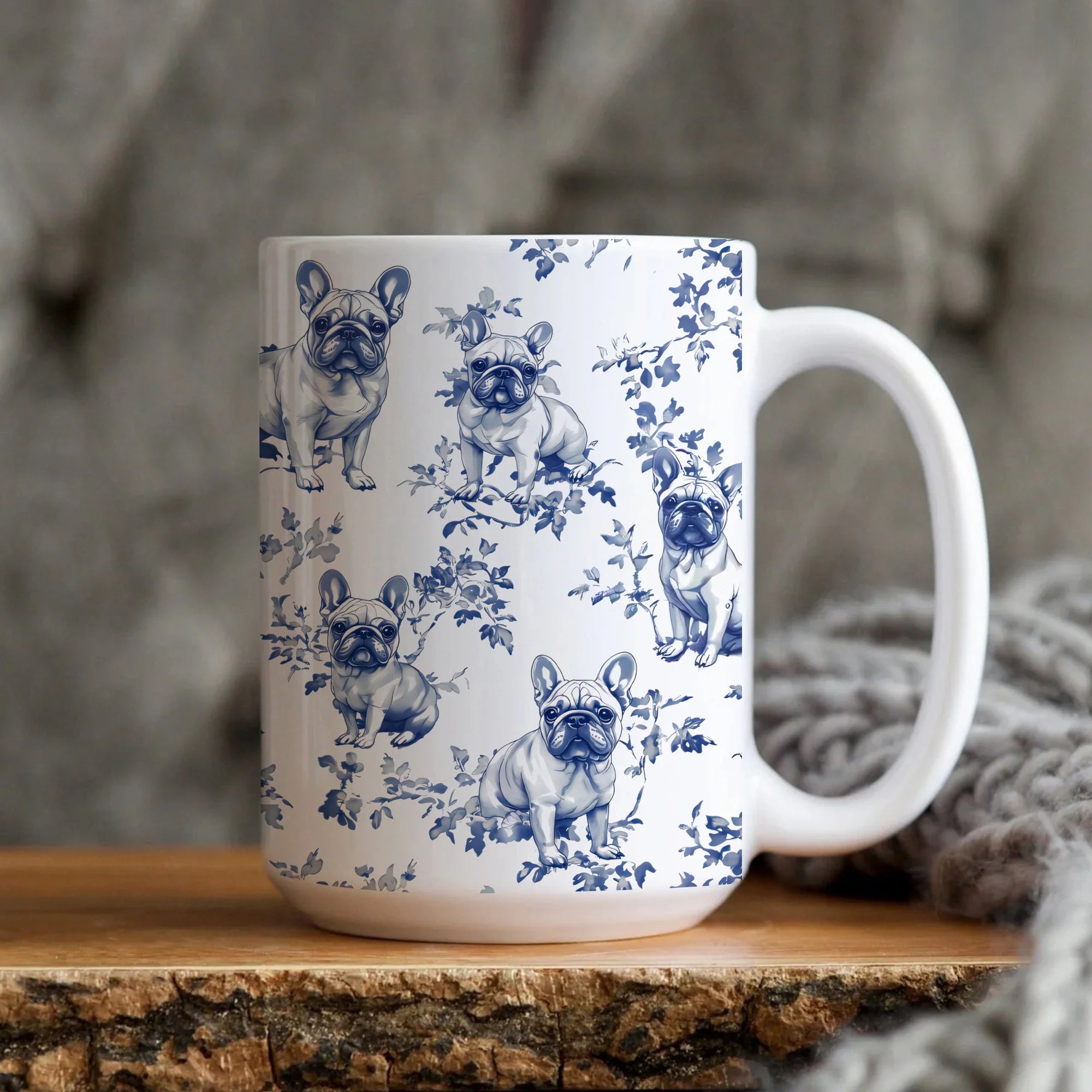 French Bulldog Blue Toile de Jouy Mug - French Toile Coffee Cup Gift for Frenchie Mom, French Bulldog Lover Chinoiserie Tea Cup, 11oz & 15oz