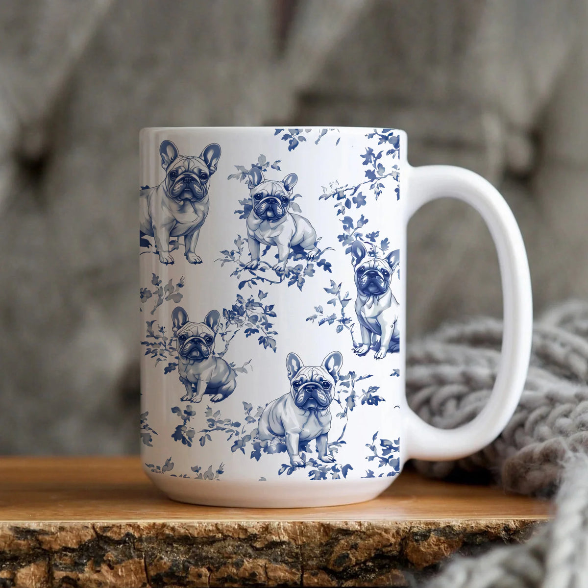 French Bulldog Blue Toile de Jouy Mug - French Toile Coffee Cup Gift for Frenchie Mom, French Bulldog Lover Chinoiserie Tea Cup, 11oz &amp; 15oz