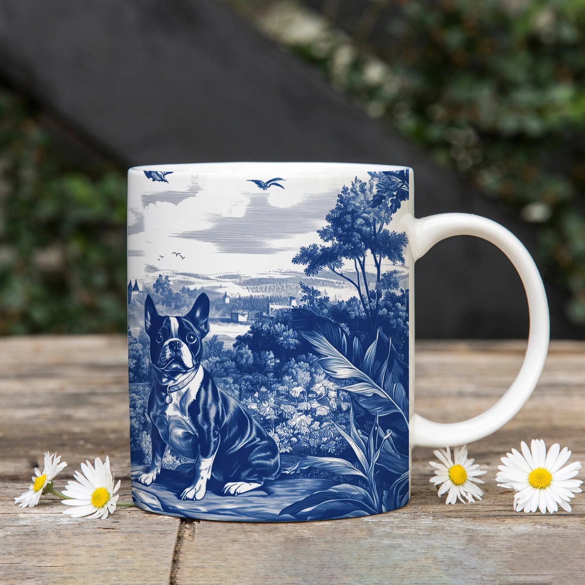 Boston Terrier Blue Toile Scene Mug