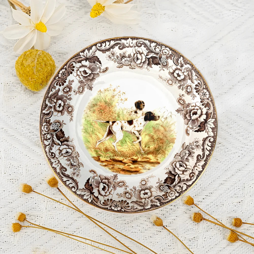 Spode Woodland Salad Plate, Flat Coated Pointer| Hunting Dogs Collection | Ideal Hunting Cabin Décor | Microwave and Dishwasher Safe