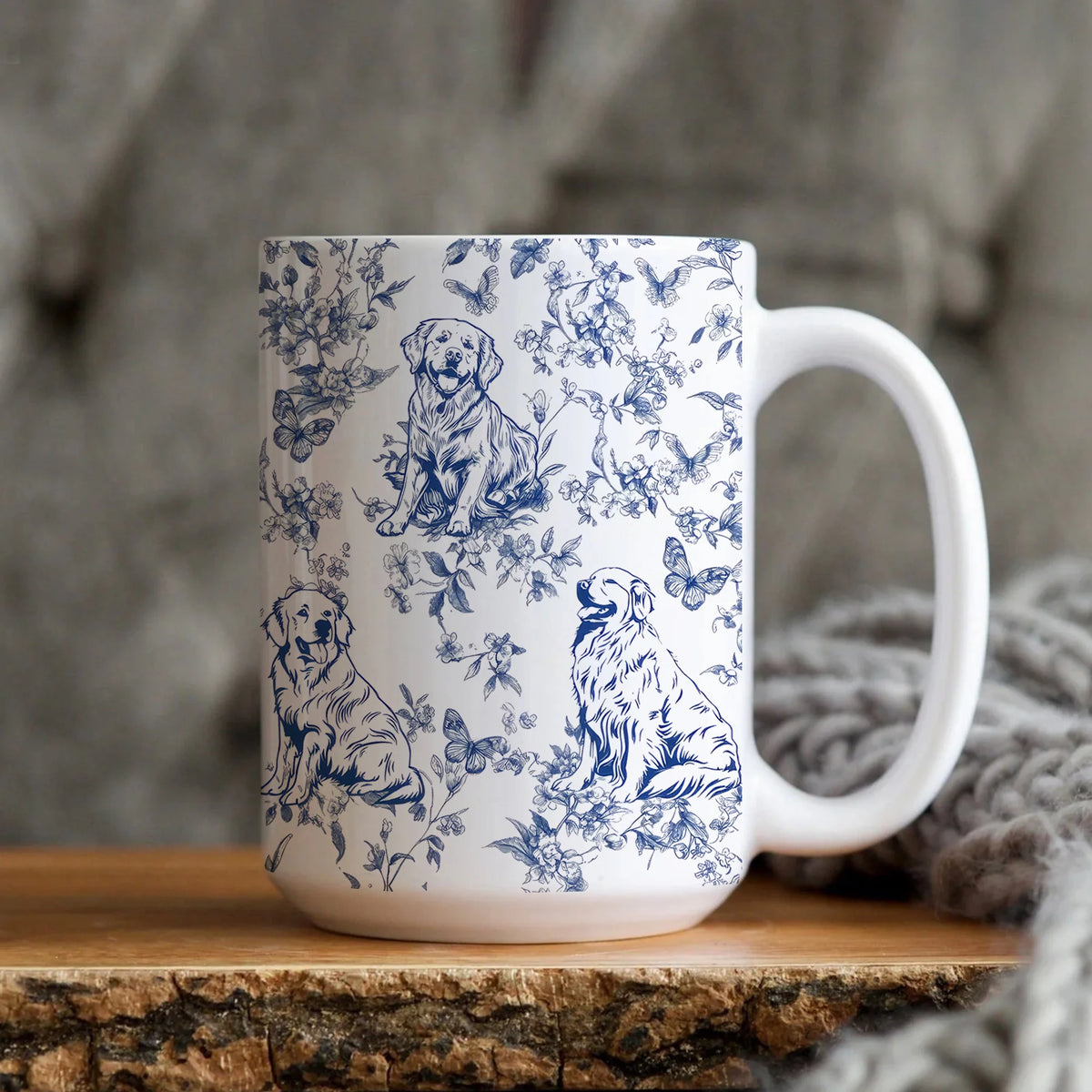Golden Retriever Mug, Golden Retriever Toile Mug, Golden Retriever Gifts For Dog Mom, Blue French Toile De Jouy Cup, Dog Toile Dog Dad