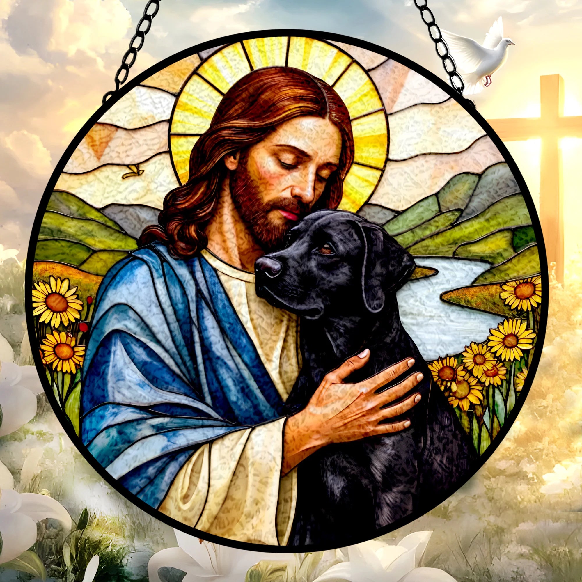 Jesus Christ Hugging A black Labrador Retriever Window stained glass, Religious Window Decor, Memorial Gift for Pet Lovers
