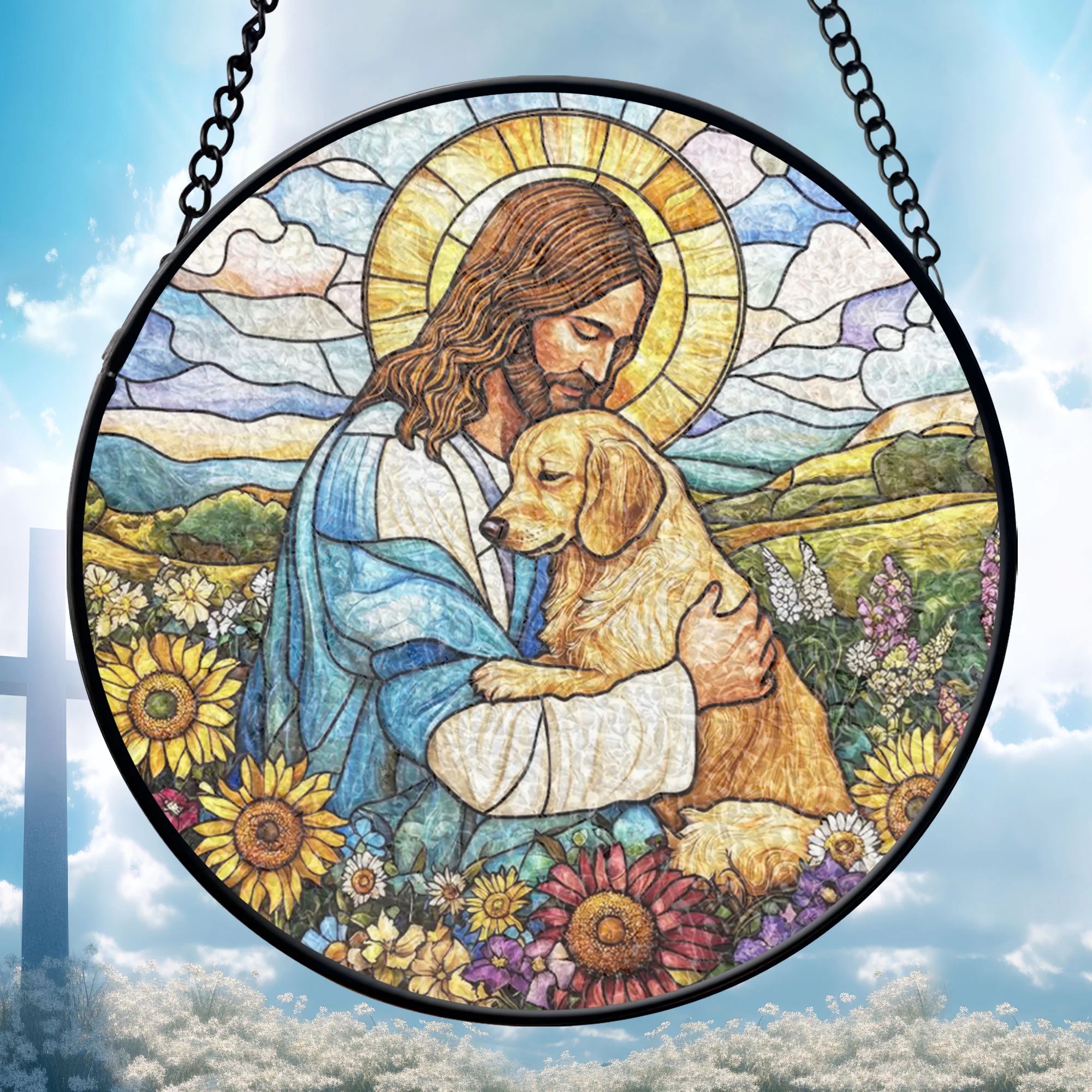 Jesus embracing Golden Retriever Window stained glass, Religious Dog Decor, Christian Window Art, Faith Gift, Pet Memorial Keepsake