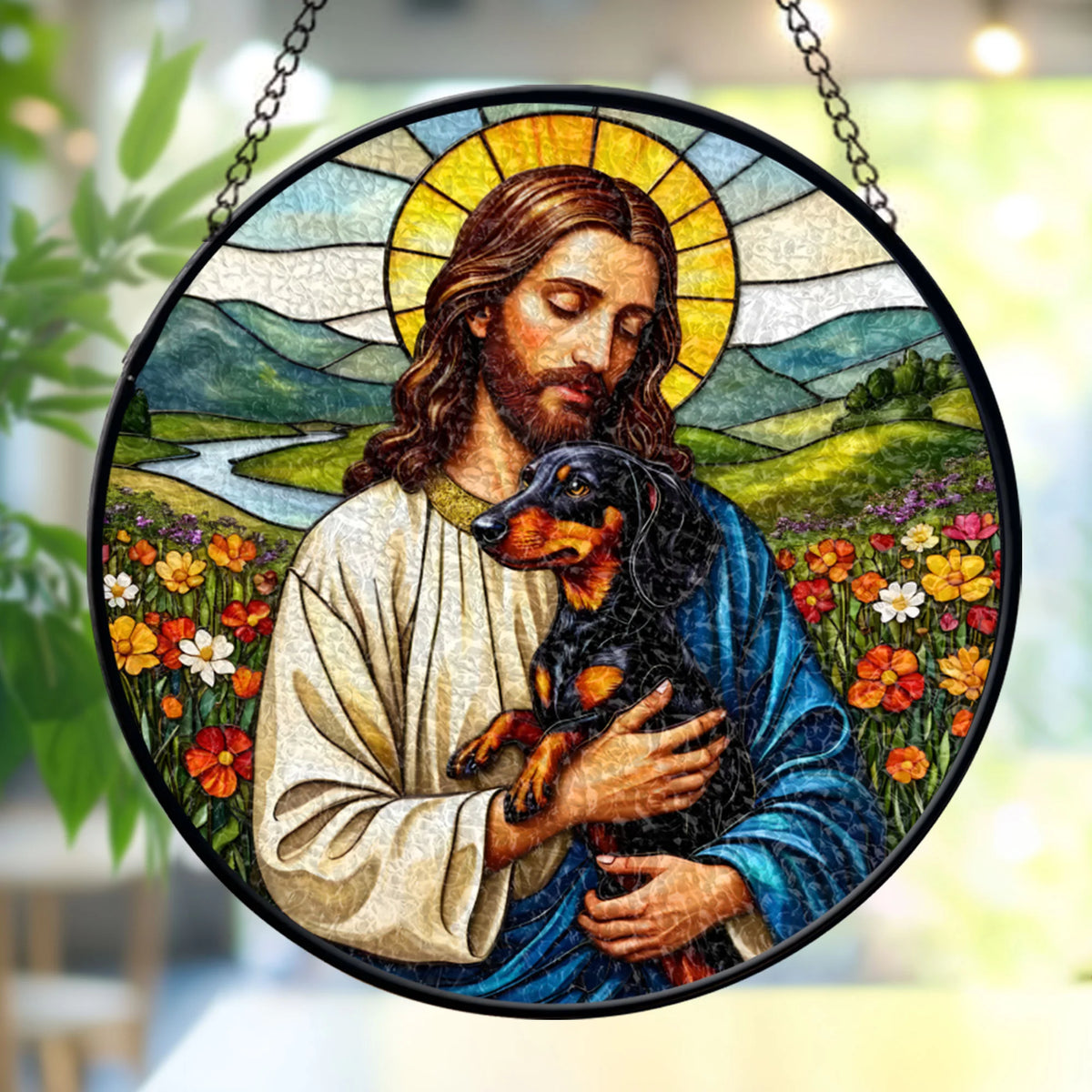 Jesus Christ Hugging A Black&amp;Brown Dachshund Window stained glass, Religious Window Decor, Memorial Gift for Pet Lovers