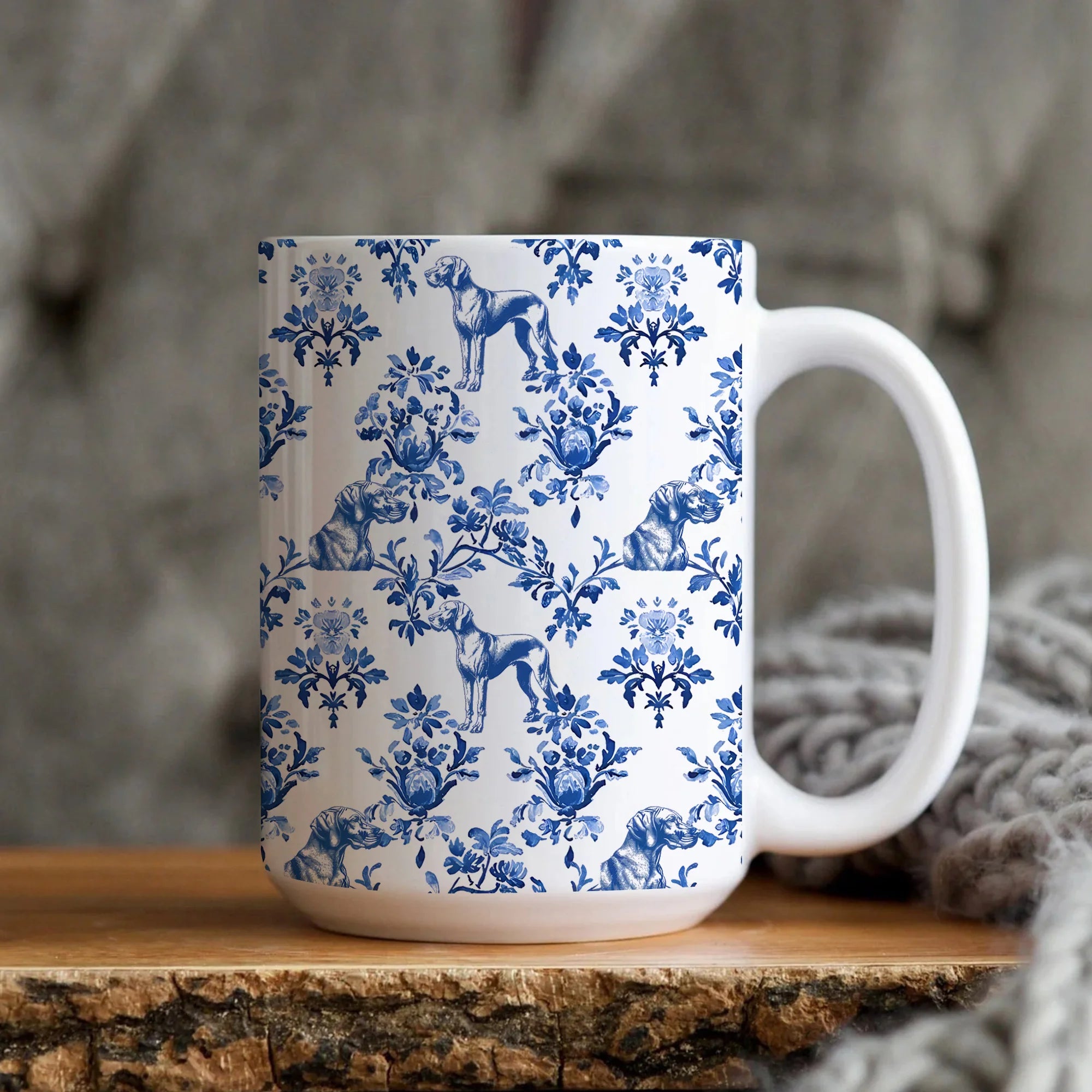 Vizsla Toile De Jouy Mug, French Blue Toile Vizsla Dog Gift, Hungarian Pointer Lover Ceramic Coffee Cup, Vizsla Dog Mom Gift Tea Mug