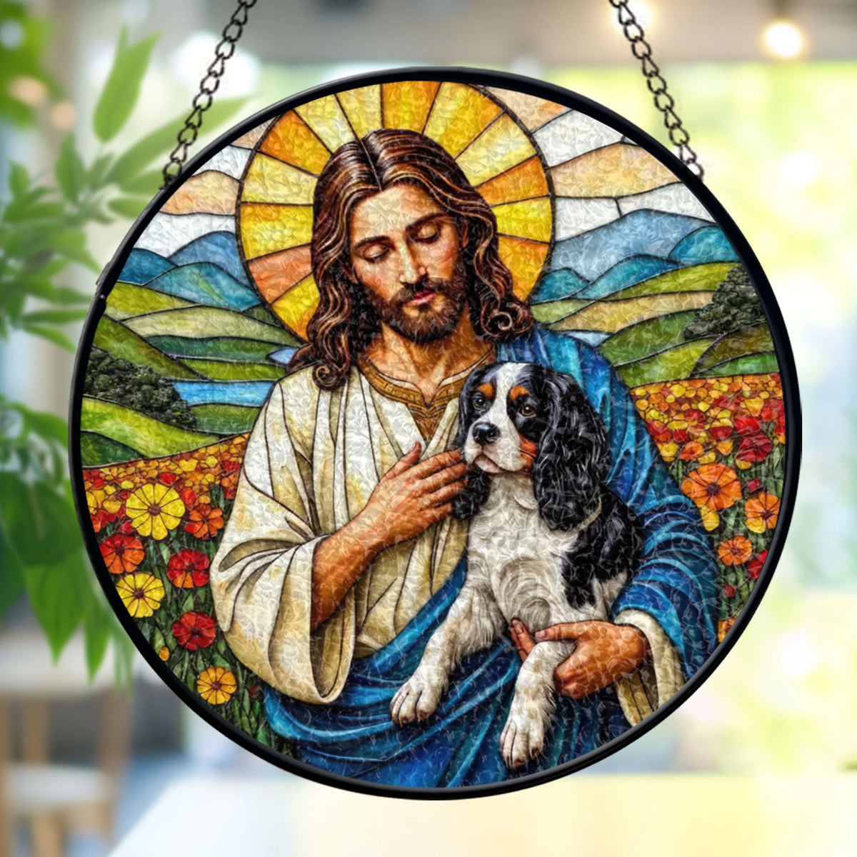 Jesus Christ Hugging Black &amp; Tan Cavalier King Charles Spaniel Glass Suncatcher, Religious Window Decor, Memorial Gift for Pet Lovers, Window stained glass
