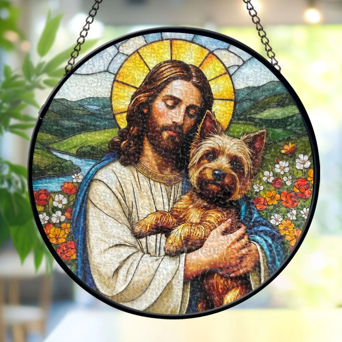 Jesus Christ Hugging A Yorkshire Terrier Window stained glass, Religious Window Decor, Memorial Gift for Pet Lovers