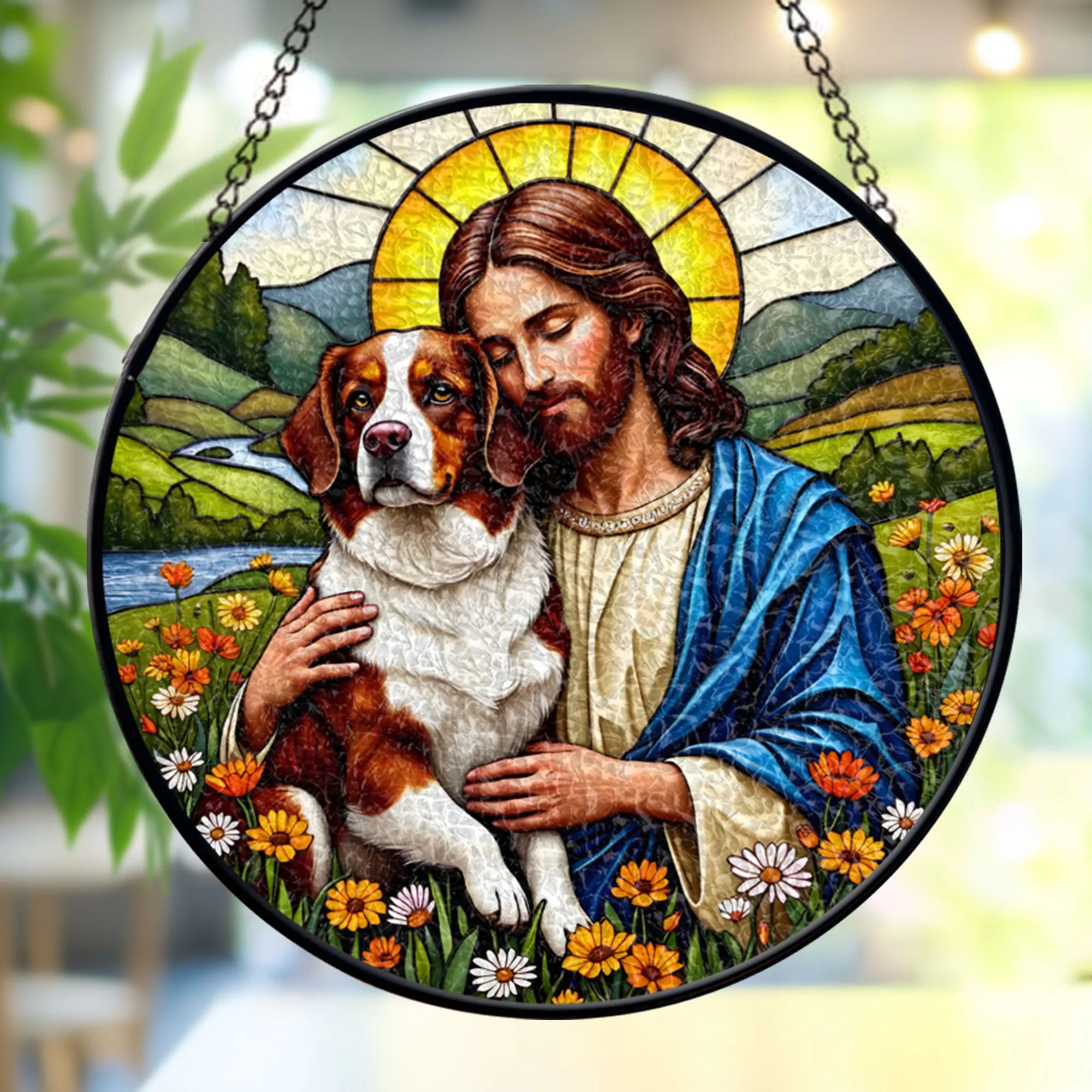 Jesus Christ Hugging White & Rust Bernese Mountain Dog Window stained glass, Religious Window Decor, Memorial Gift for Pet Lovers