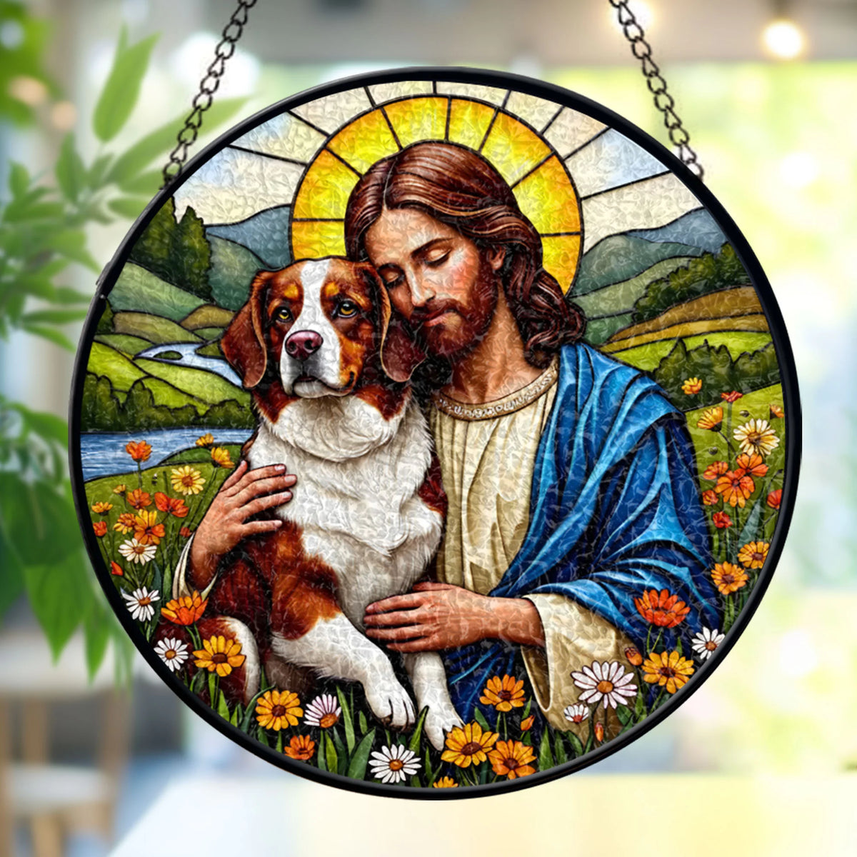 Jesus Christ Hugging White &amp; Rust Bernese Mountain Dog Window stained glass, Religious Window Decor, Memorial Gift for Pet Lovers