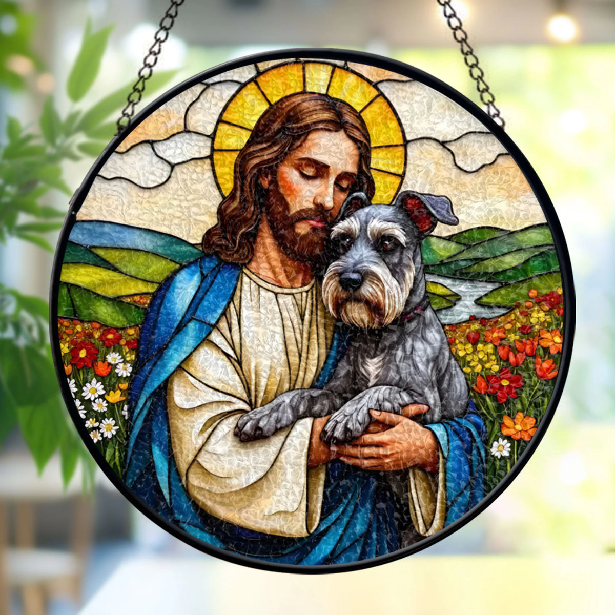 Jesus Christ Hugging White Miniature Schnauzer Window stained glass, Religious Window Decor, Memorial Gift for Pet Lovers