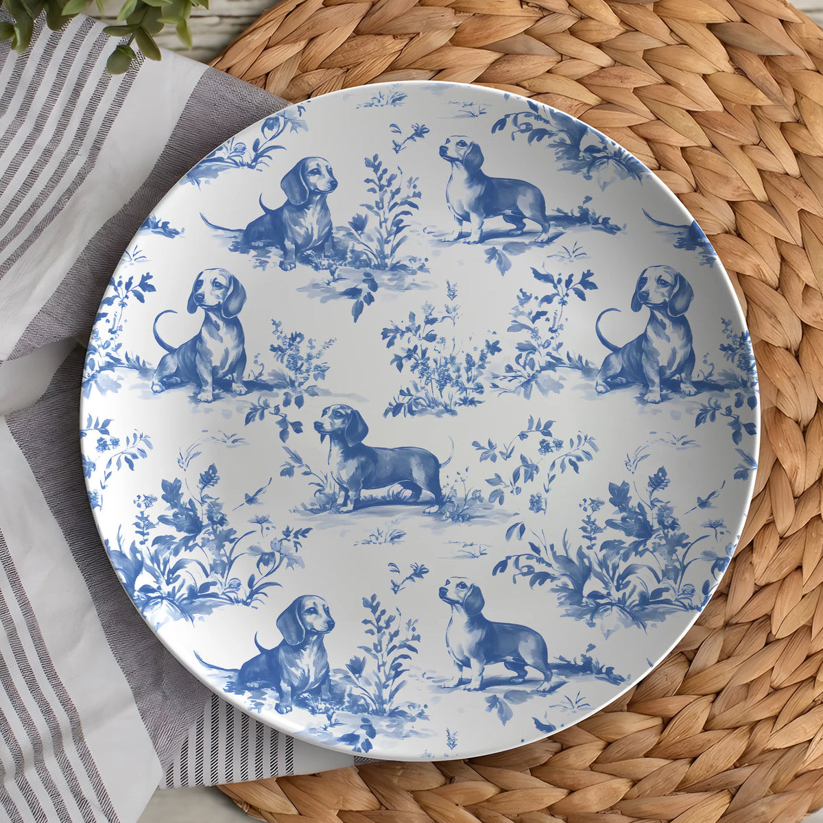 Dachshund Dog Chinoiserie Plate – Toile De Jouy Design, Dog Lover Gift, Decorative Wiener Dog Plate, French Style Dog Plate