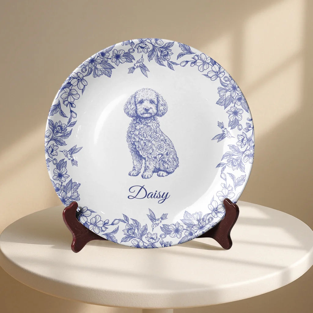 Custom Poodle Dog Chinoiserie Toile De Jouy Plate – Personalized Name Gift
