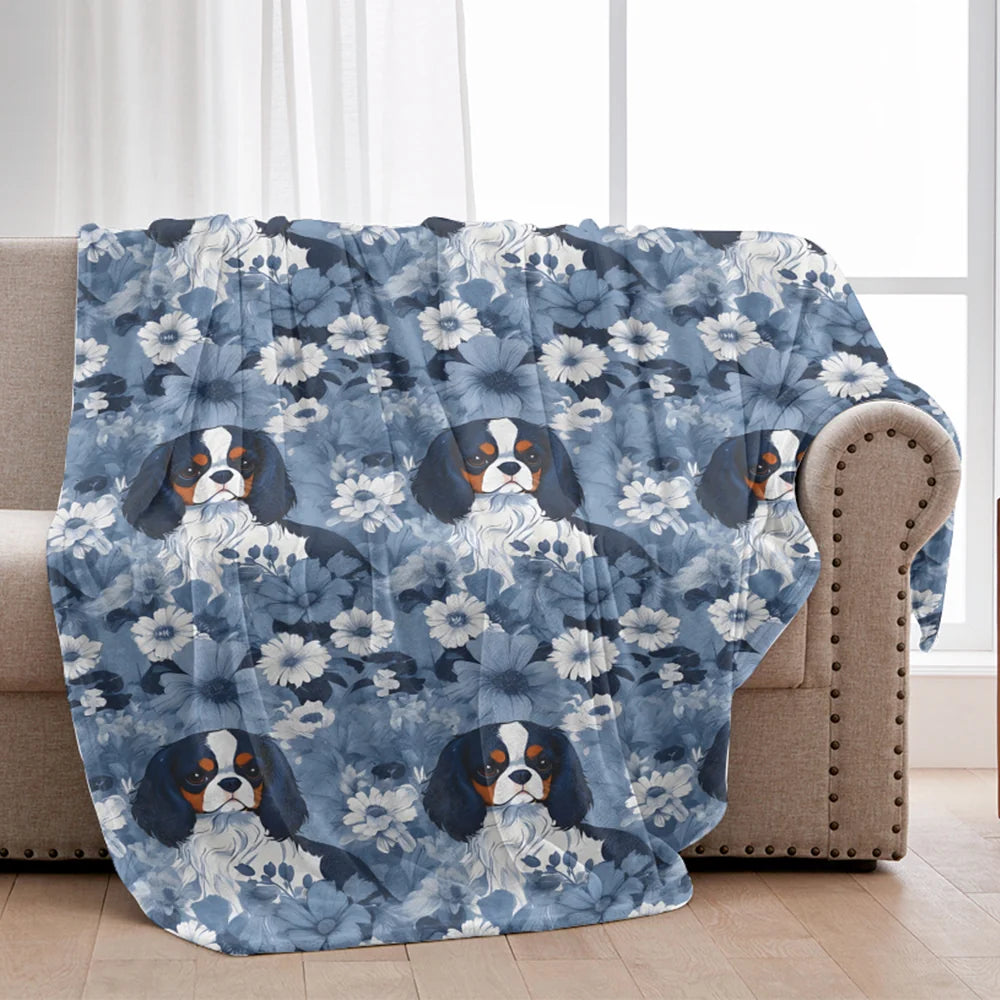 Cavalier King Charles Spaniel French Toile Blanket, Velveteen Blue Toile de Jouy Cozy Throw for Cavalier Lovers, Blanket Gift for Dog Lovers