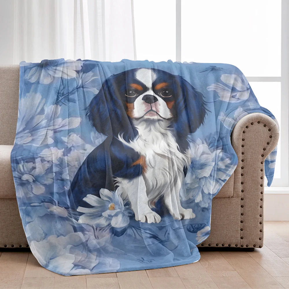Cavalier King Charles Spaniel French Blue Toile Blanket, Velveteen Blue Toile de Jouy Cozy Throw for Cavalier Lovers, Blanket Gift for Dog Cavalier Lovers