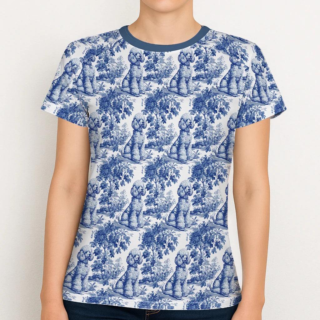 Poodle French Toile de Jouy Shirt – Blue Dog Lover Women's T-Shirt, Poodle Mom Gift, Elegant Poodle Tee, French Vintage Style Top