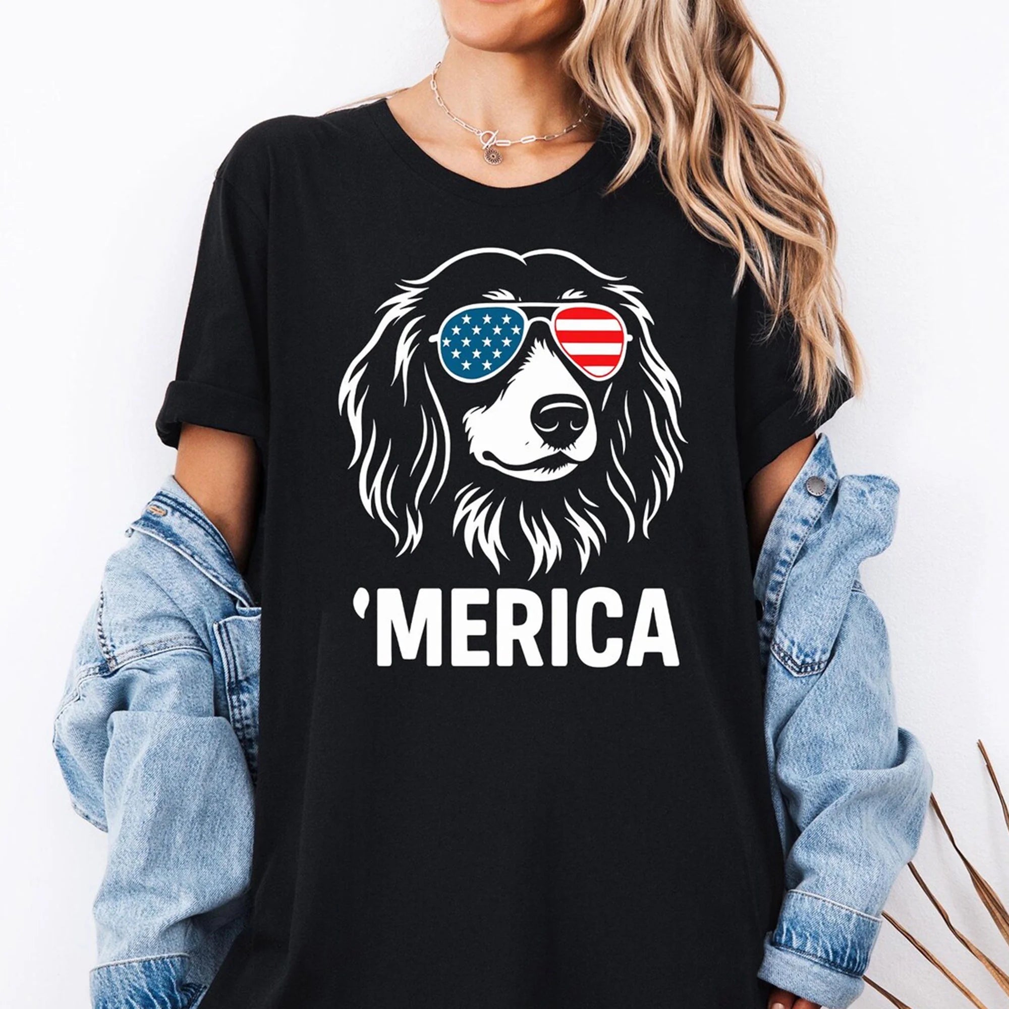 Merica Dachshund t-Shirt | Patriotic Doxie Dog Lover Shirt | 4th of July Doxie Shirt | Long Haired Dachshund Shirt | USA Doxie Dog Shirt