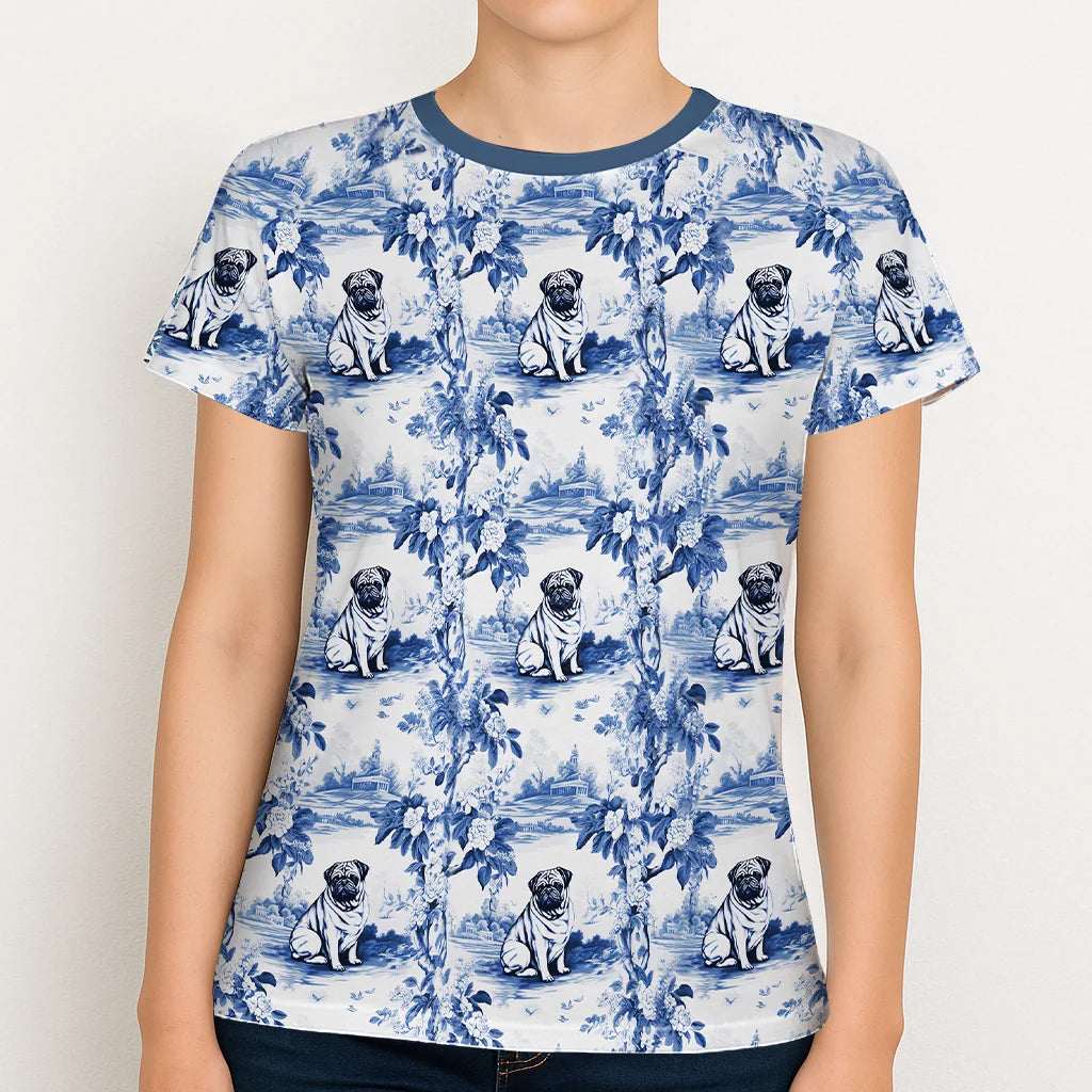 Pug Toile de Jouy Shirt – Blue and White Chinoiserie Dog Tee for Pug Lovers, Elegant Women's T-Shirt, Gift for Pug Mom or Dog Owner