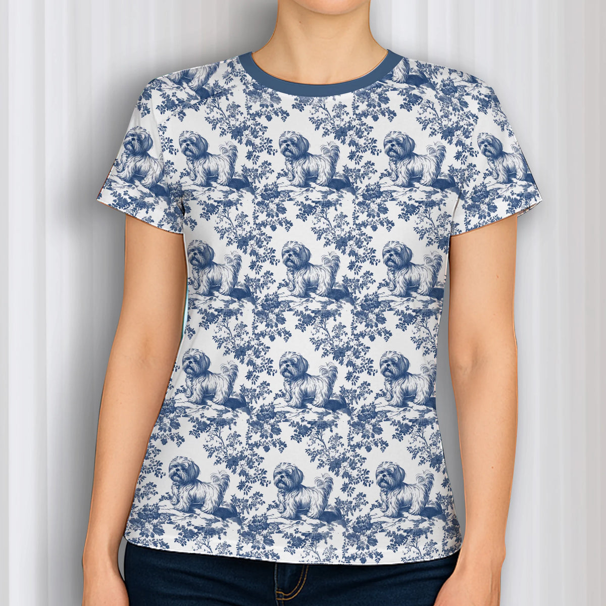 Shih Tzu French Toile de Jouy Shirt – Blue Vintage Dog Tee for Shih Tzu Moms, Elegant Women's T-Shirt, Shih Tzu Lover Gift, Dog Mom Shirt
