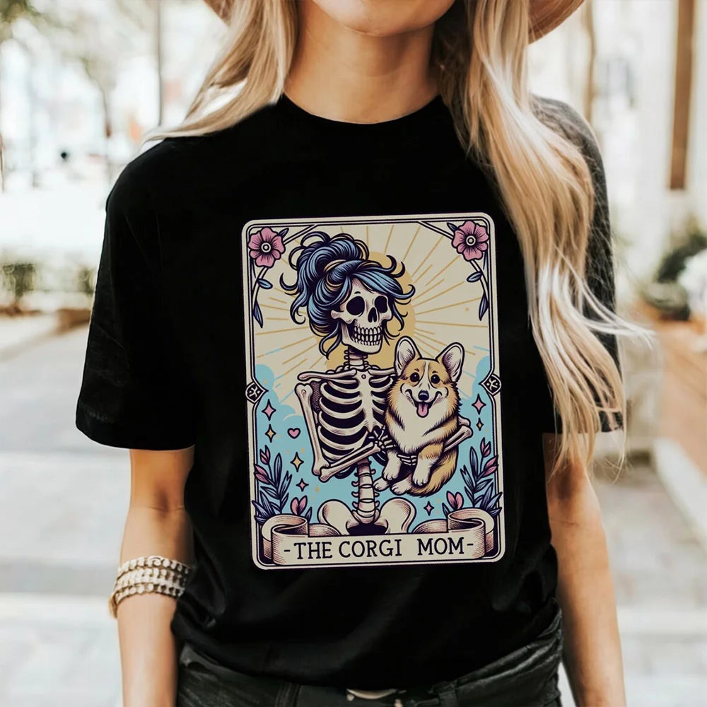 Corgi Shirt, Comfort Colors Corgi Mom Tarot Card T-shirt, Corgi Gift, Halloween Dog Shirt, Skeleton Corgi Mom Tee, Gift for Corgi Lover