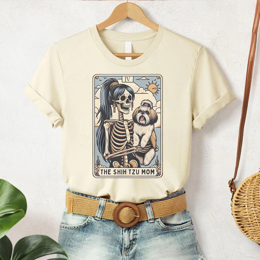 Shih Tzu Shirt, Shih Tzu Mom Tarot Card T-shirt, Fall Shih Tzu Halloween Tee, Gift for Shih Tzu Dog Mama, Skeleton Shih Tzu