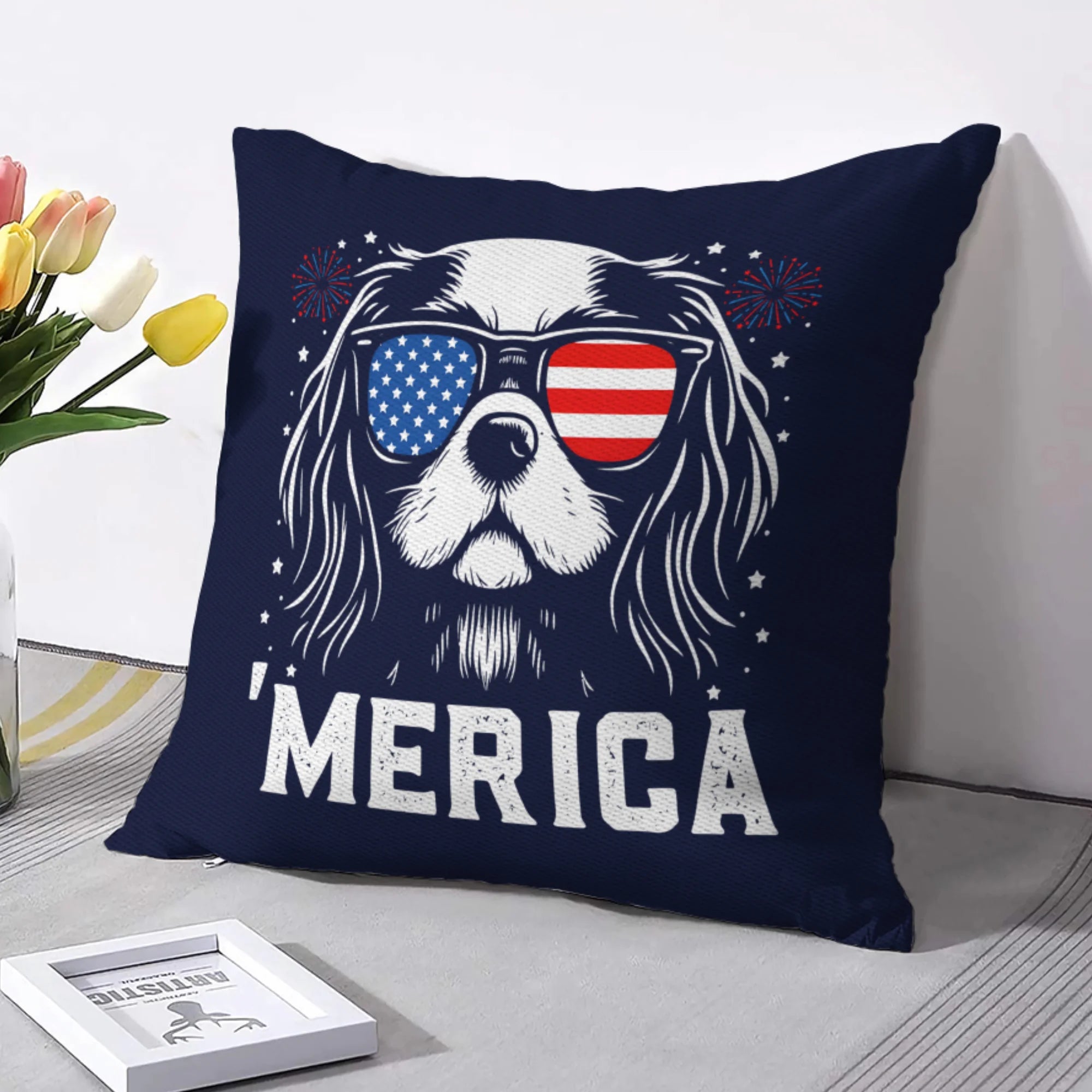 Cavalier King Charles 'Merica Pillow Cover | 4th of July Dog Lover Gift | Patriotic Cavalier Throw Pillow | USA Dog Mom Decor | Cavalier Cushion Cover