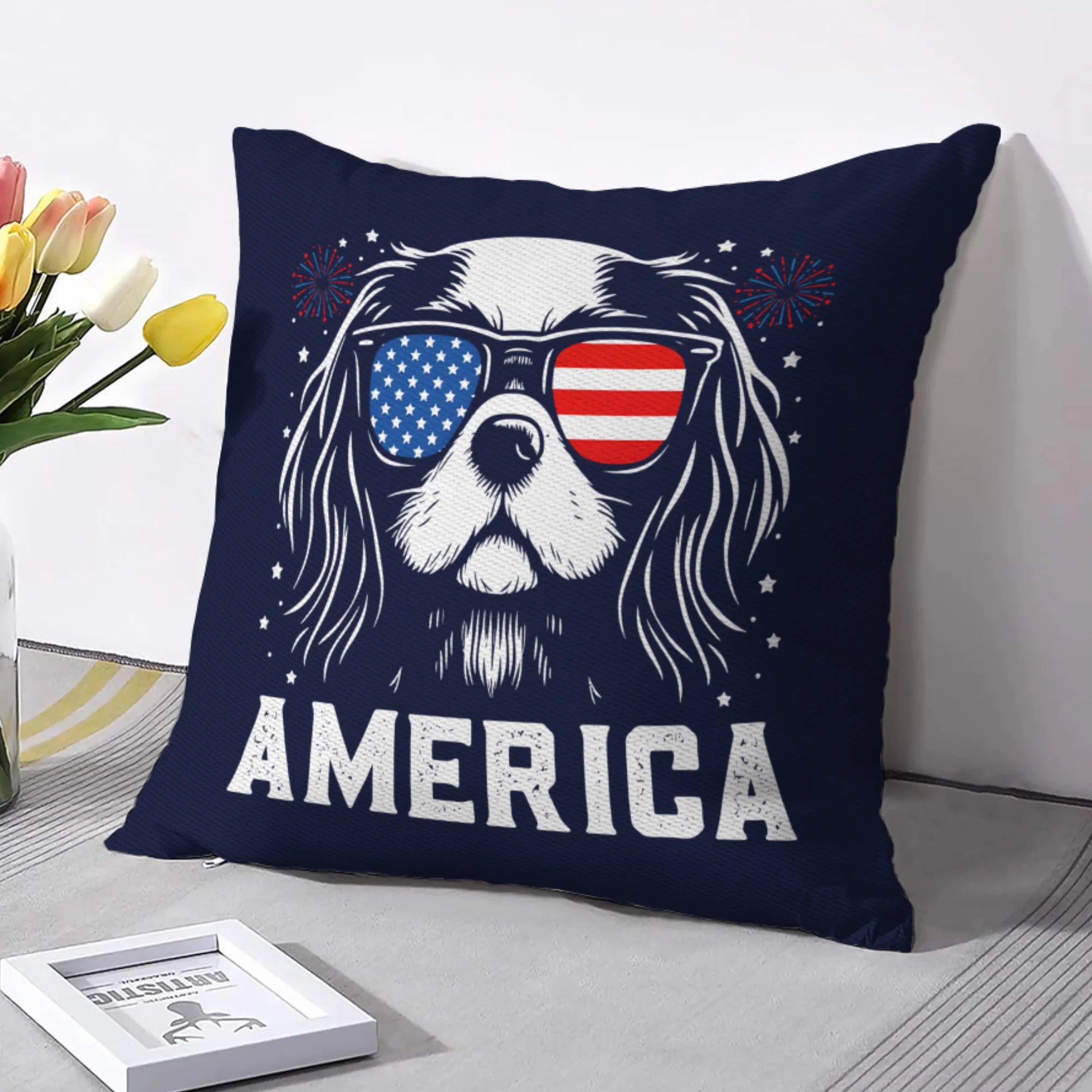 Cavalier King Charles America Pillow Cover | 4th of July Cavalier Pillow Cover | Patriotic Cavalier Dog Pillow Cover | USA Dog Lover Gift | Cavalier Mom Pillow Cover