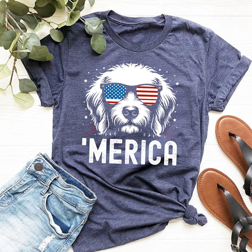 Goldendoodle 'Merica T-Shirt | 4th of July Doodle Tee | Patriotic Goldendoodle Shirt | USA Dog Lover Gift | Doodle Dog Shirt | Doodle Mom Gift