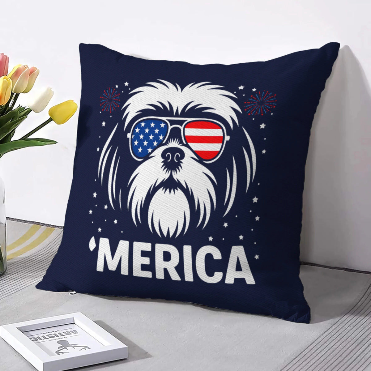 Shih Tzu 'Merica Pillow Cover | 4th of July Dog Lover Gift | Patriotic Shih Tzu Throw Pillow | USA Shih Tzu Mom &amp; Dad Decor | Cute Shih Tzu Cushion Cover
