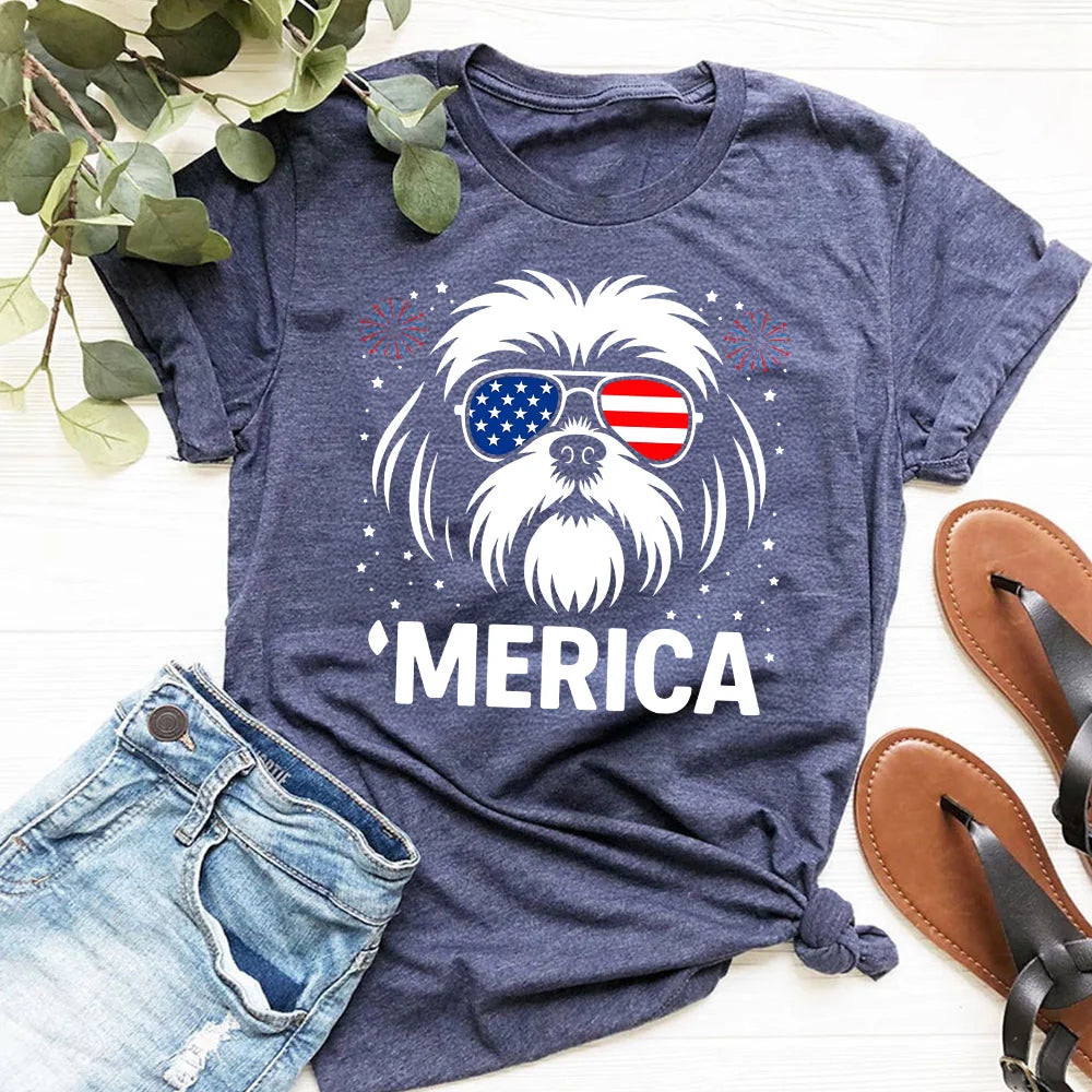 Shih Tzu 'Merica T-Shirt | 4th of July Dog Lover Gift | Patriotic Shih Tzu Tee | USA Shih Tzu Mom &amp; Dad Shirt | Cute Shih Tzu Dog Shirt