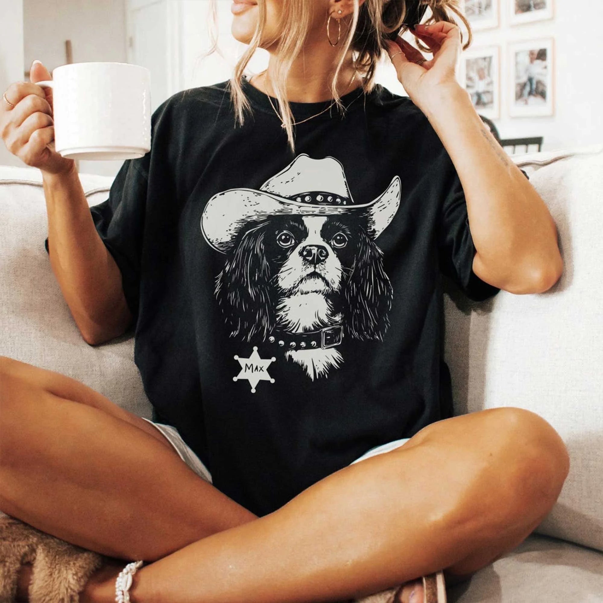 Custom Cavalier King Charles Spaniel Name Cowboy T-Shirt – Personalized CKCS Wild West Ranch Dog Name Shirt for Cavalier Lover, Dog Mom