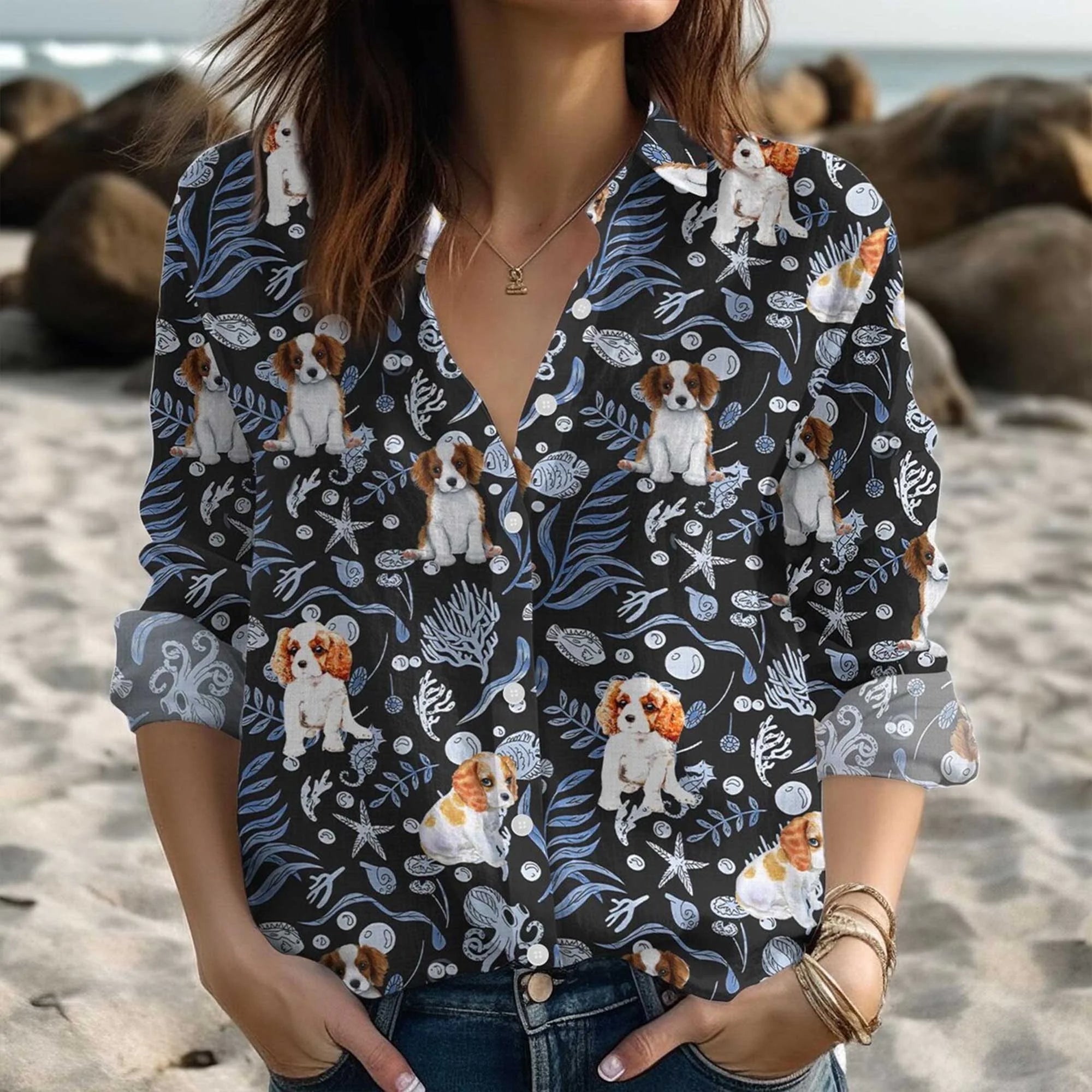 Cavalier King Charles Spaniel Blouse Shirt, Dog Casual Shirt, Cavalier King Shirt, Blouse Shirt Women, Blouses Tops Women, Gift For Mom