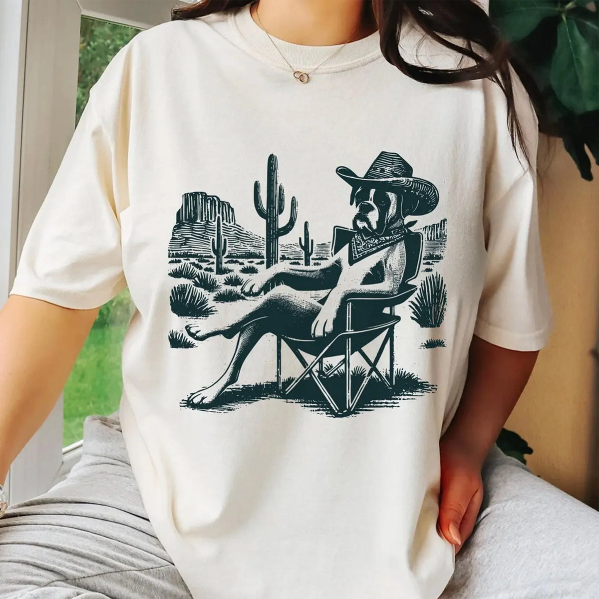 Vintage Boxer Dog Western Shirt – Cowboy Boxer Tee, Retro Desert Dog Chill T-Shirt, Gift for Boxer Mom, Dad &amp; Dog Lovers