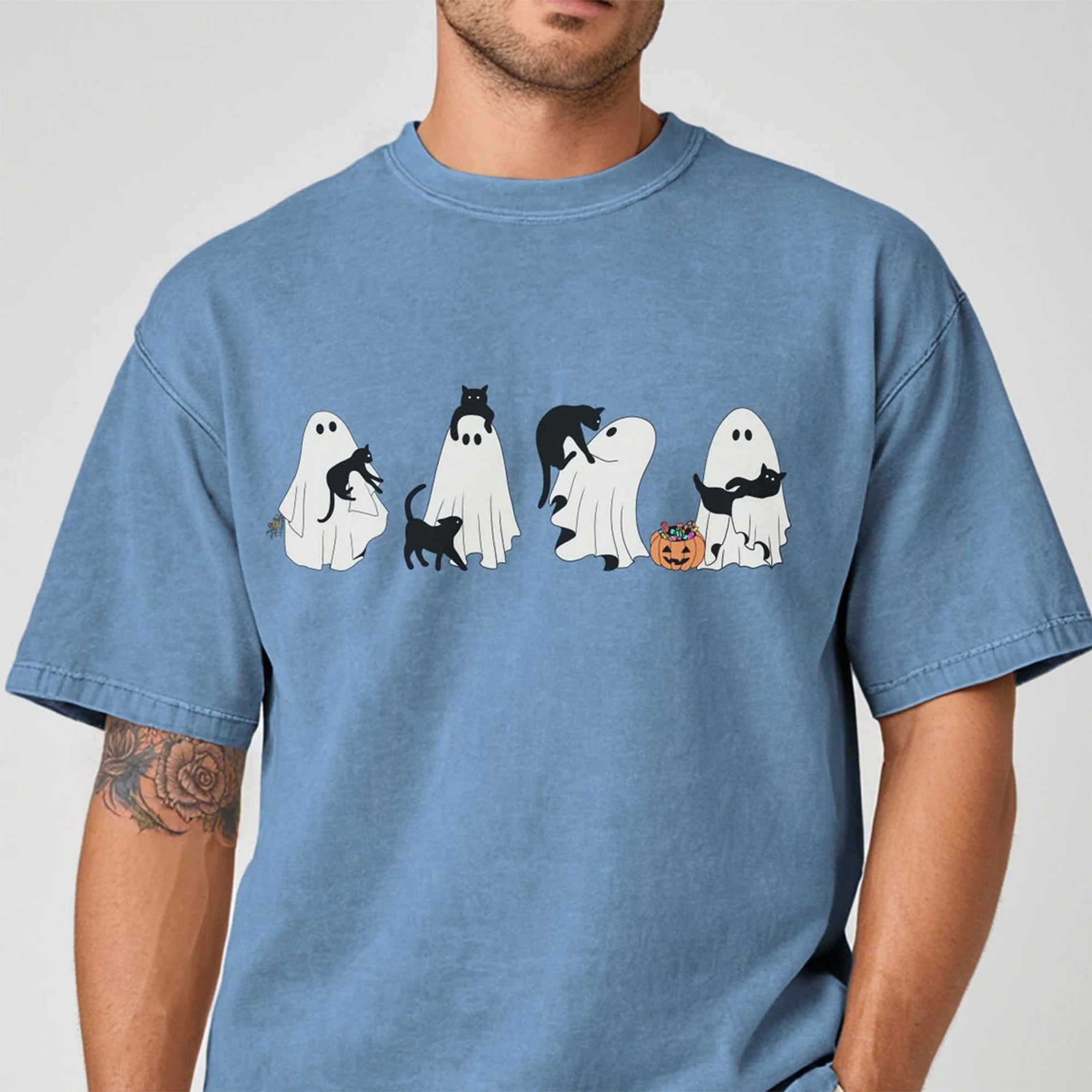 Halloween Black Cat & Ghost Comfort Colors T-Shirt, Halloween Ghost Tshirt, Spooky Season Cat Tee, Halloween Cute Women Outfit, Halloween Gift