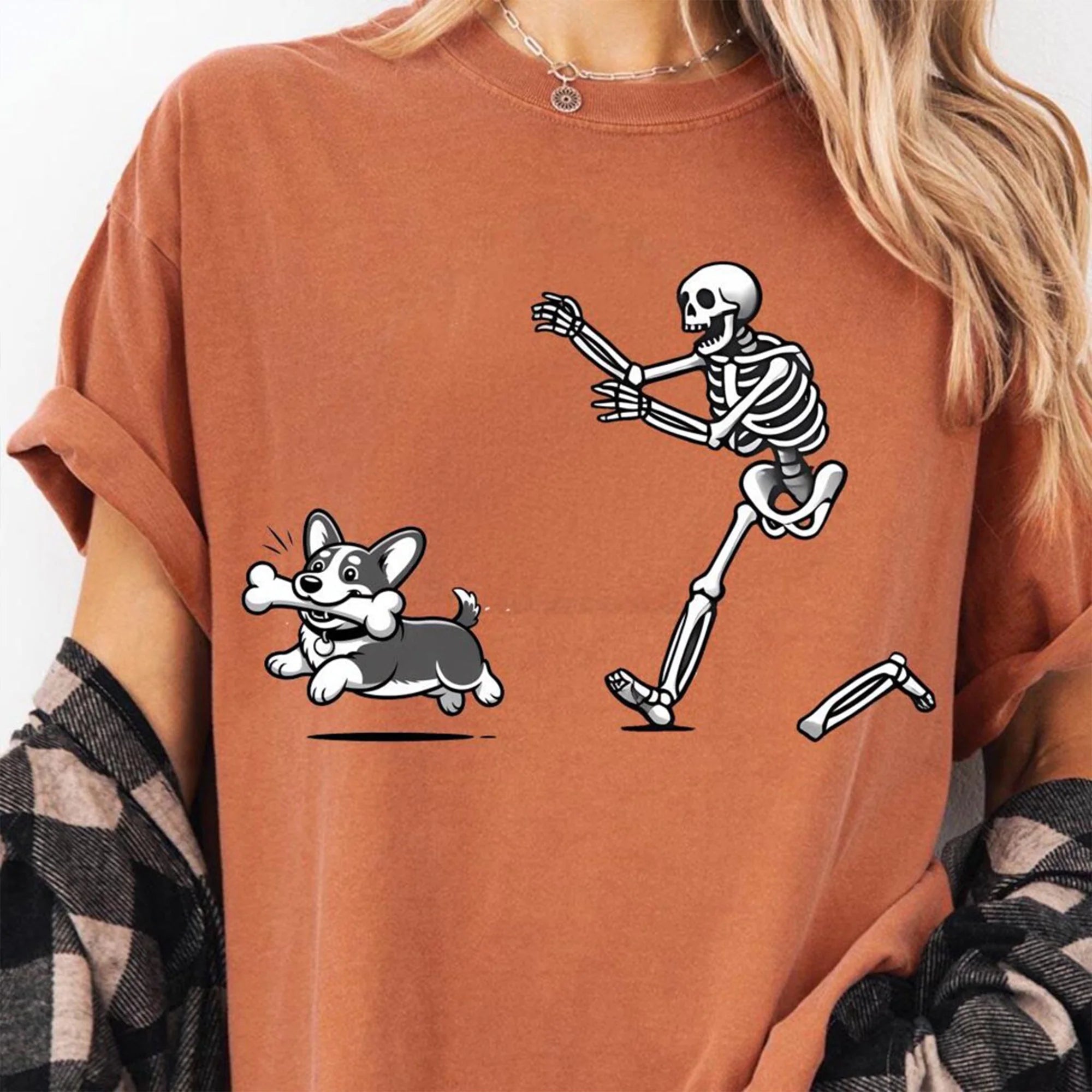 Funny Skeleton Chasing Corgi T-Shirt, Cute Halloween Dog Graphic Tee for Pet Lovers, Halloween Costume Top, Humor Gift, Casual Wear
