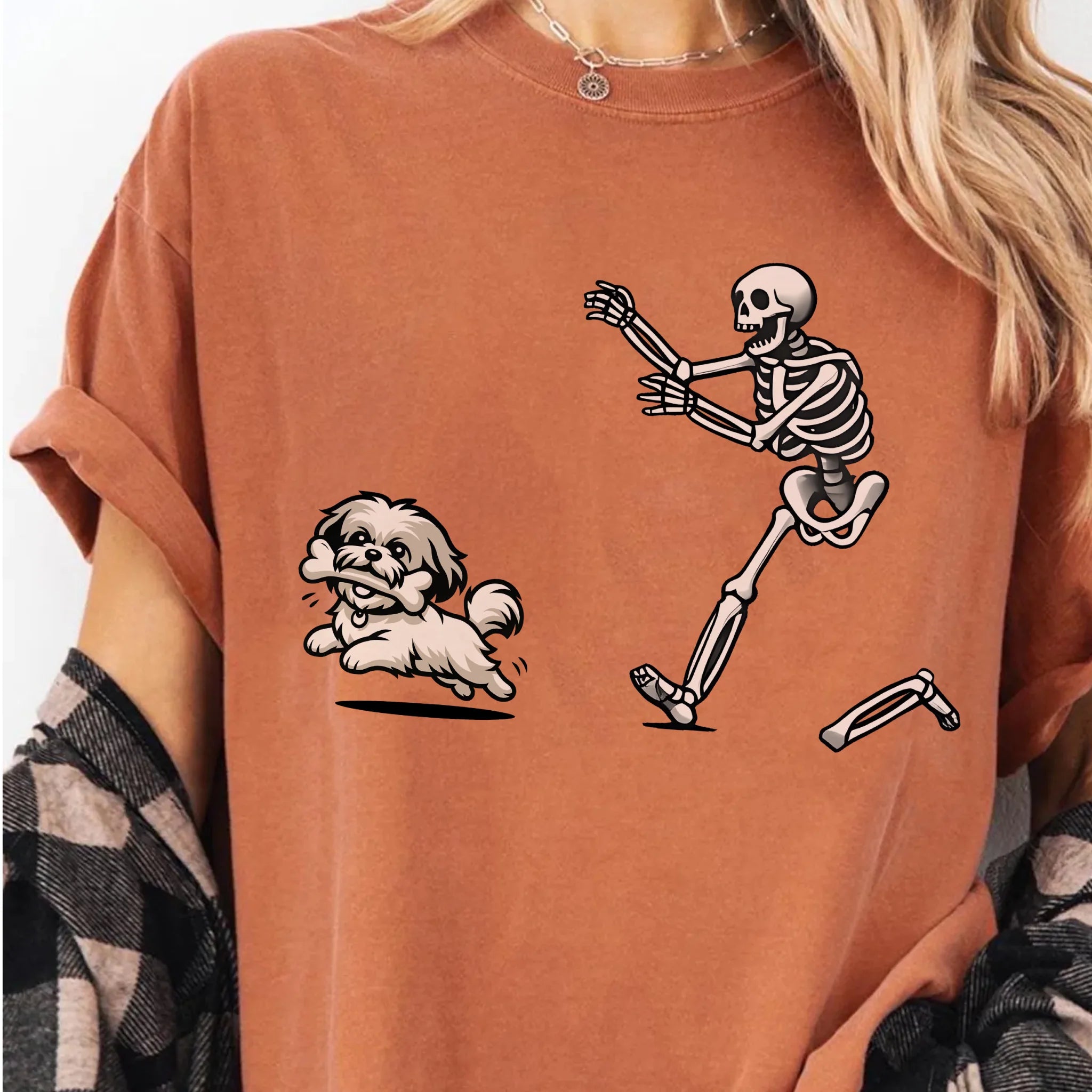 Funny Skeleton Chasing Shih Tzu T-Shirt, Cute Halloween Shih Tzu Shirt, Spooky Cartoon Pet Shirt, Funny Halloween Shirt, Pet Lover Gift